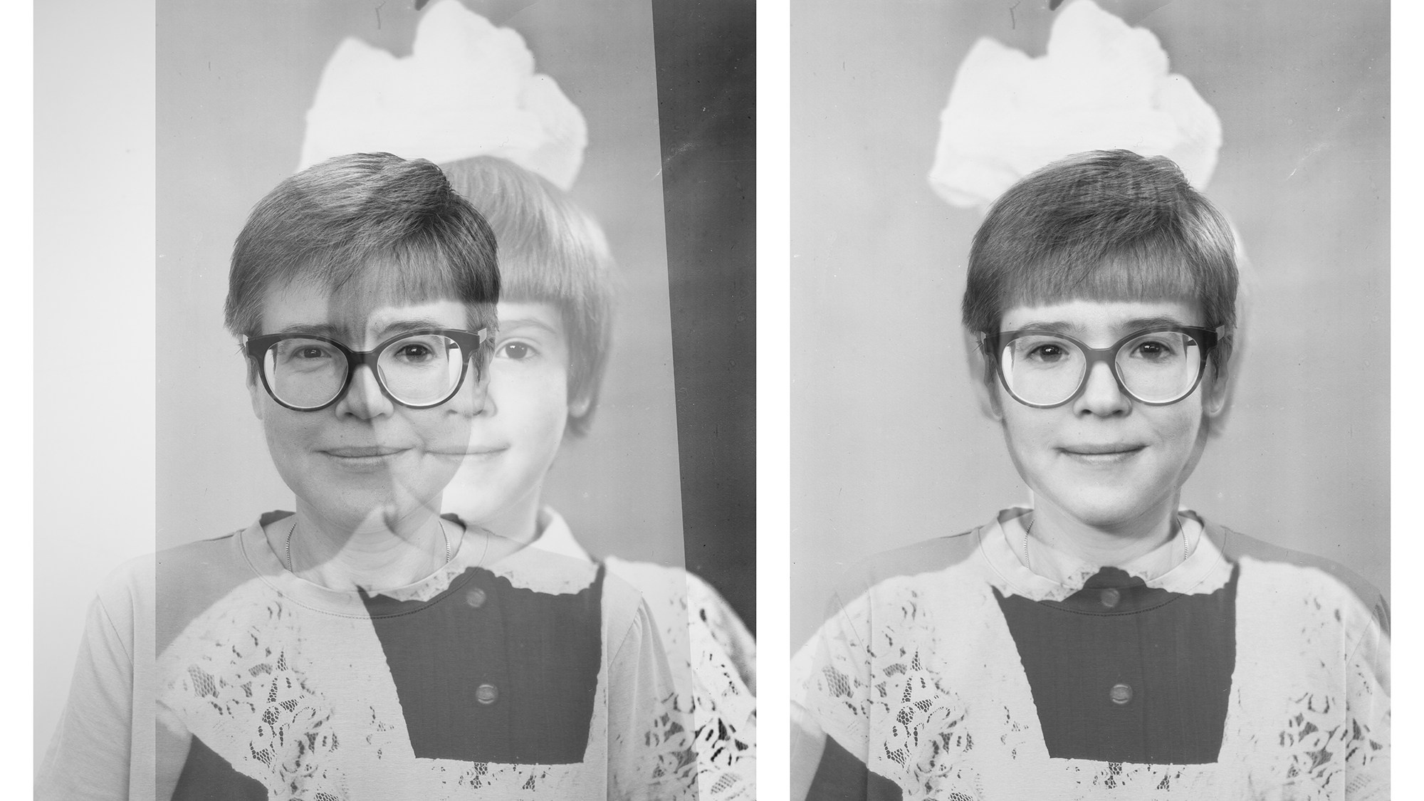 Елена, 7 лет и 45 лет. "По натуре я очень "школьный" человек, а в этом проекте появилась возможность снова увидеть себя ученицей. Как поётся в одной песне: "Вот, словно и нет всех этих лет. Необъяснимо! Как годы смогли так далеко нас унести?". Кажется, что ничего не изменилось, можно прямо сегодня снова пойти в школу и сесть за парту. Я как будто взяла билетик до станции "Детство"!" 