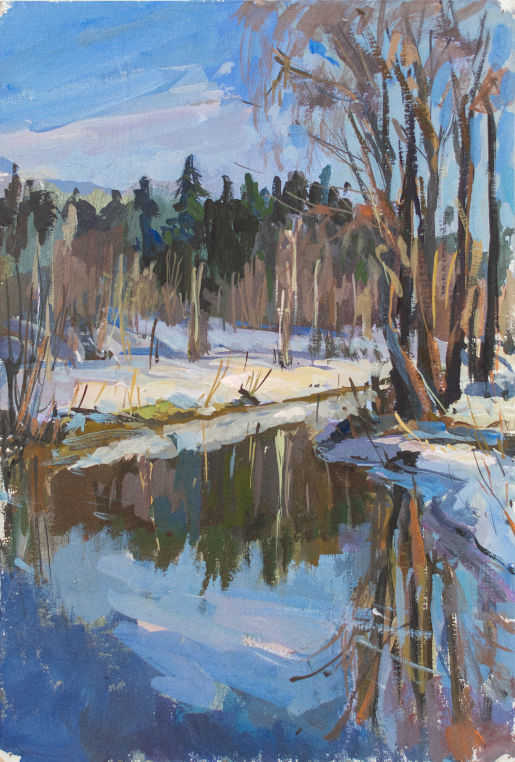 "The Skhodnya River. Etude" cardboard, tempera 30x20cm, 2026