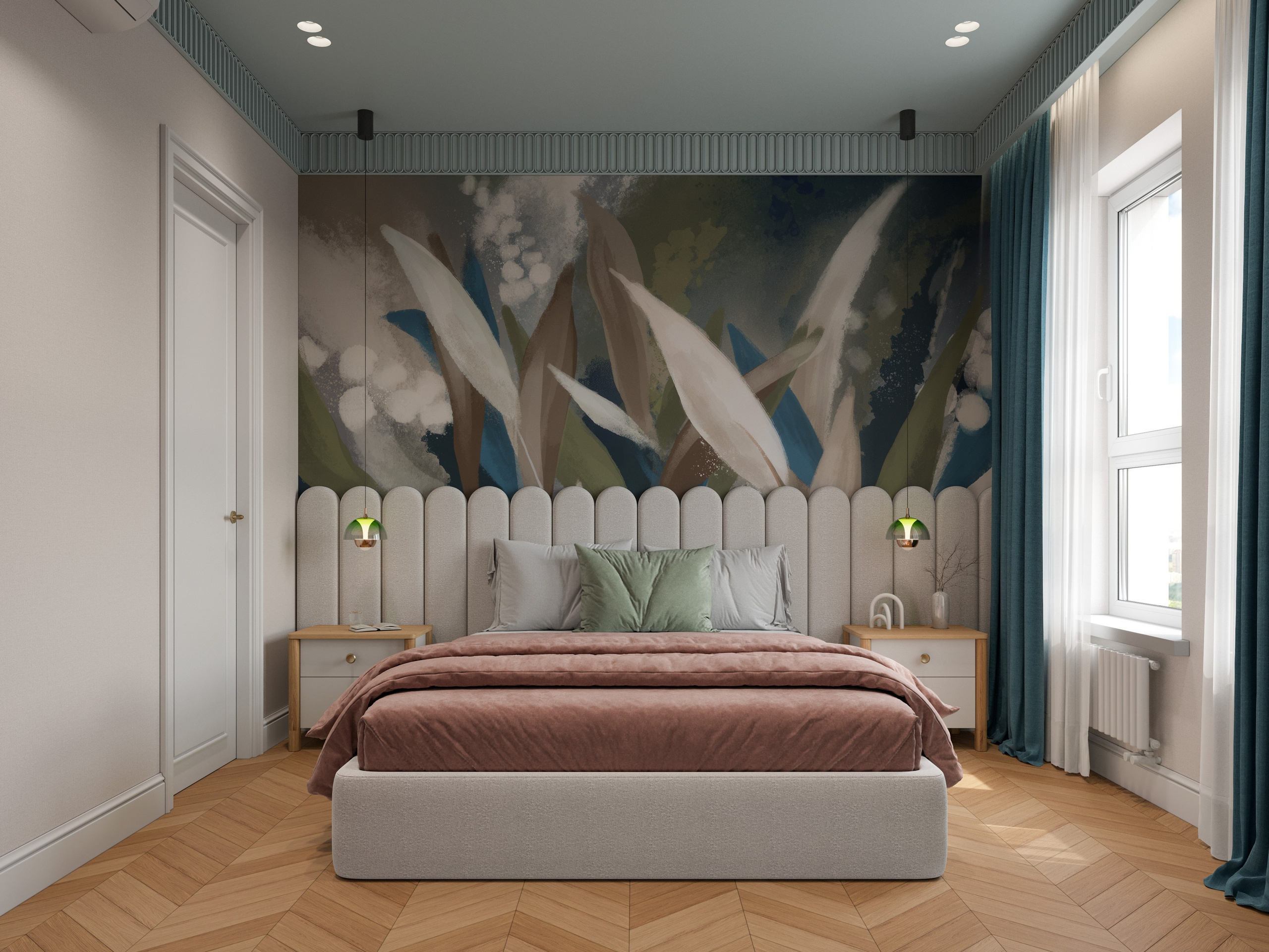 Интерьер спальни с кроватью с бархатным изголовьем бежевого цвета и прикроватными тумбами