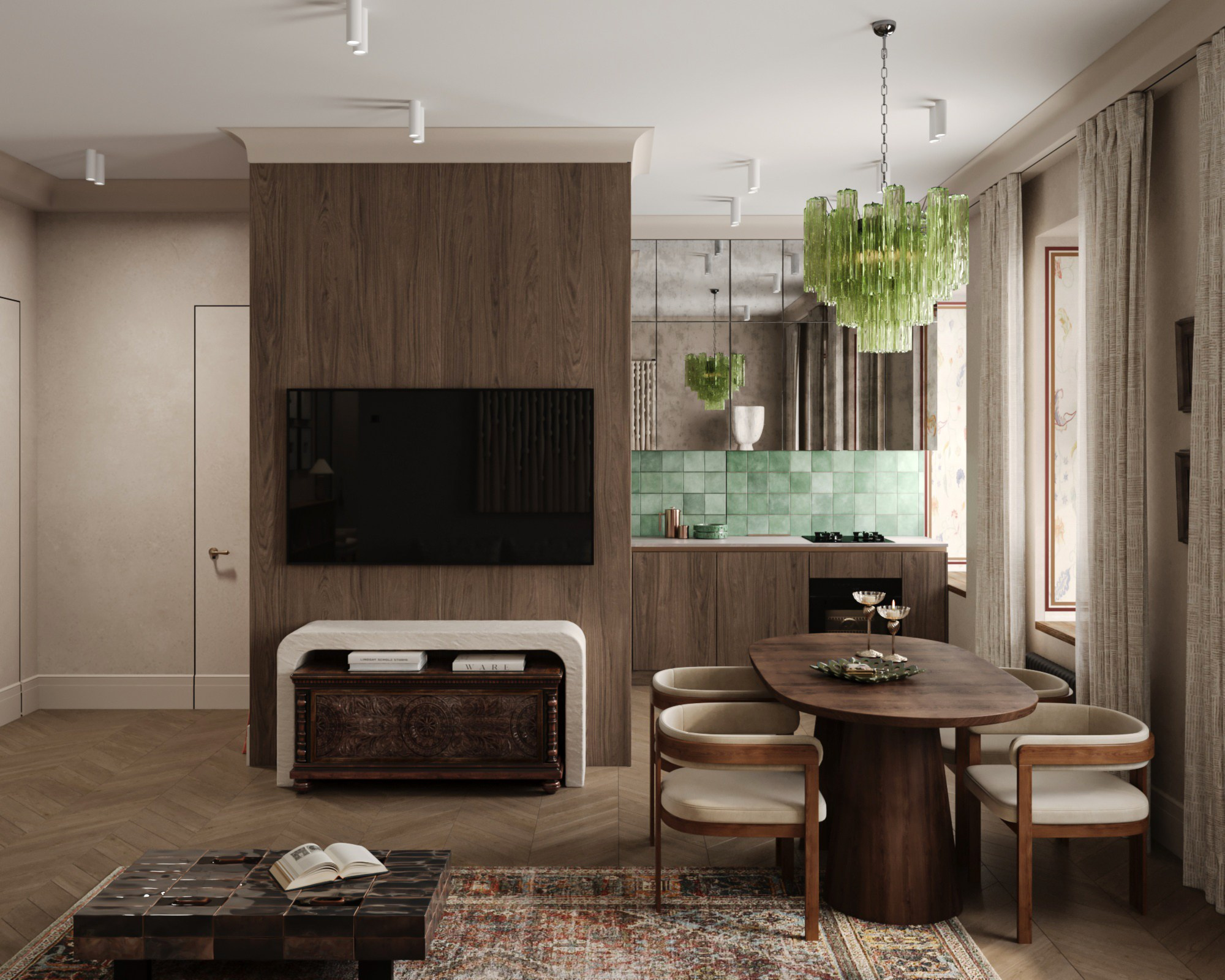 дизайн кухни-гостиной с муранским стеклом и декором, Санкт-Петербург