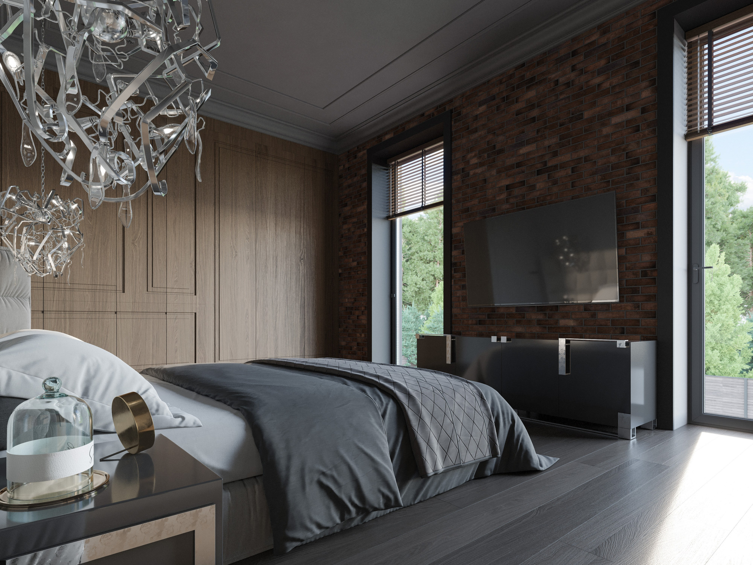 Спальная зона с кирпичными поверхностями и текстилем нейтральных тонов