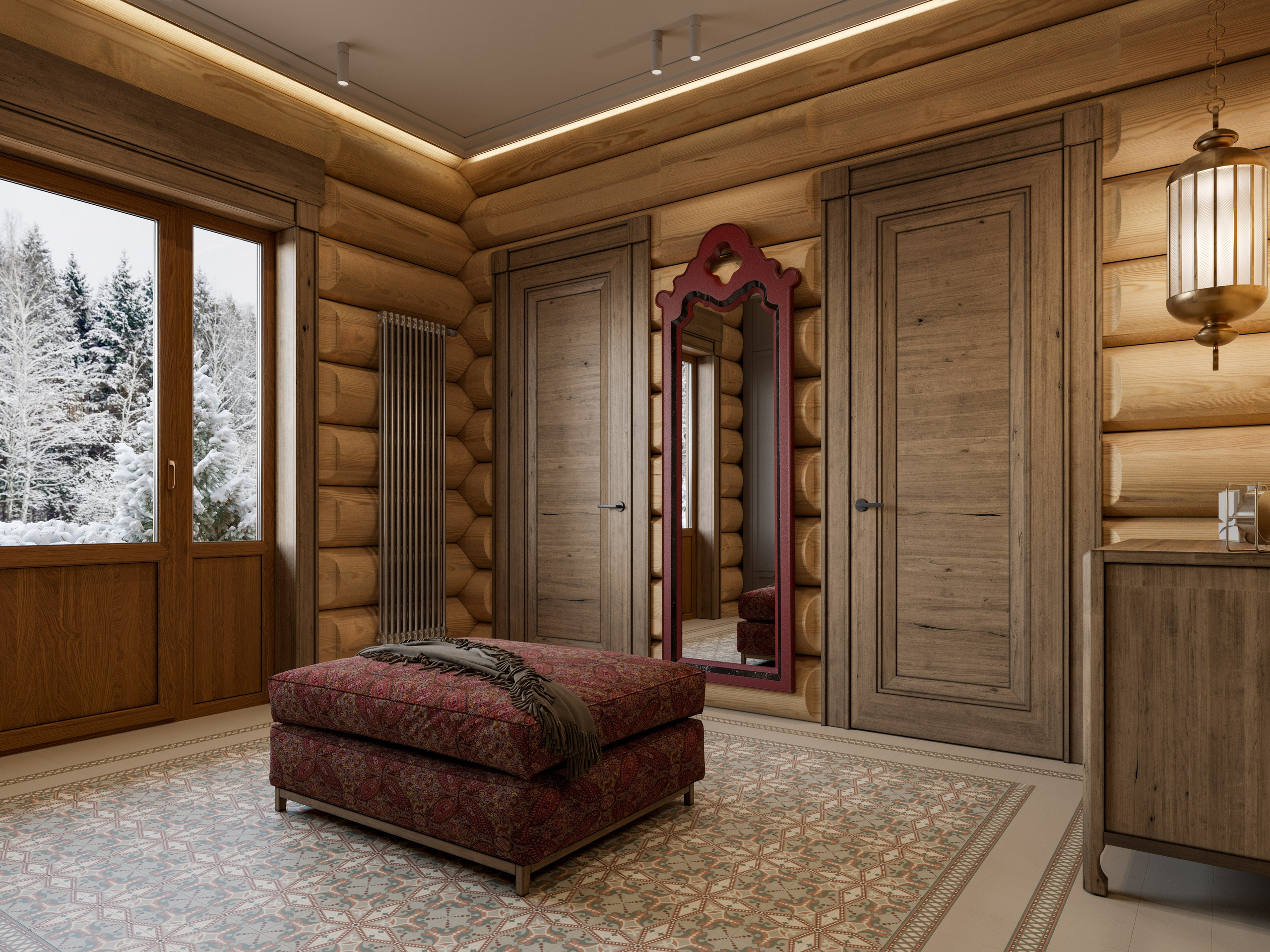 Прихожая с гардеробной зоной в доме из сруба