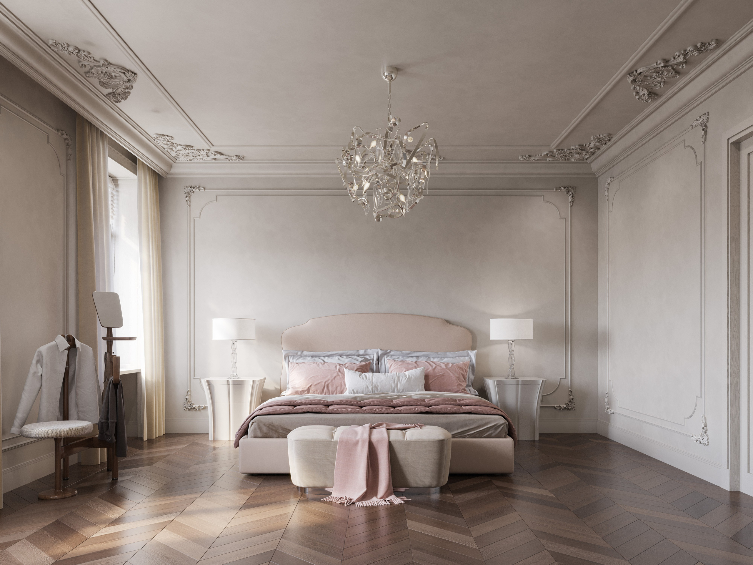 Спальня с выходом на балкон в двухуровневой квартире, панорамное остекление, зона для отдыха.