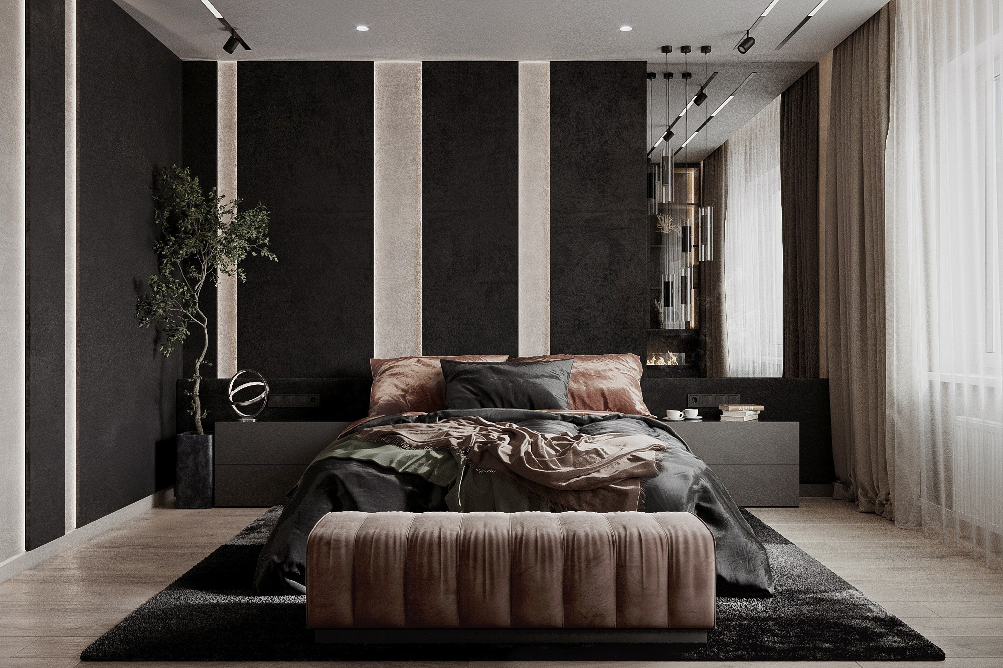 3D визуализация спальни в темных тонах. Рендер интерьера спальни.