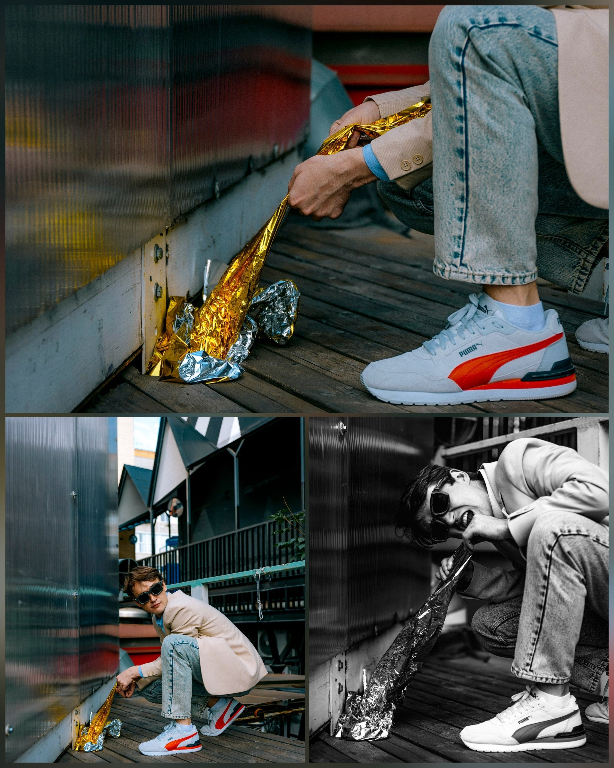 парень в очках с подарочной фольгой