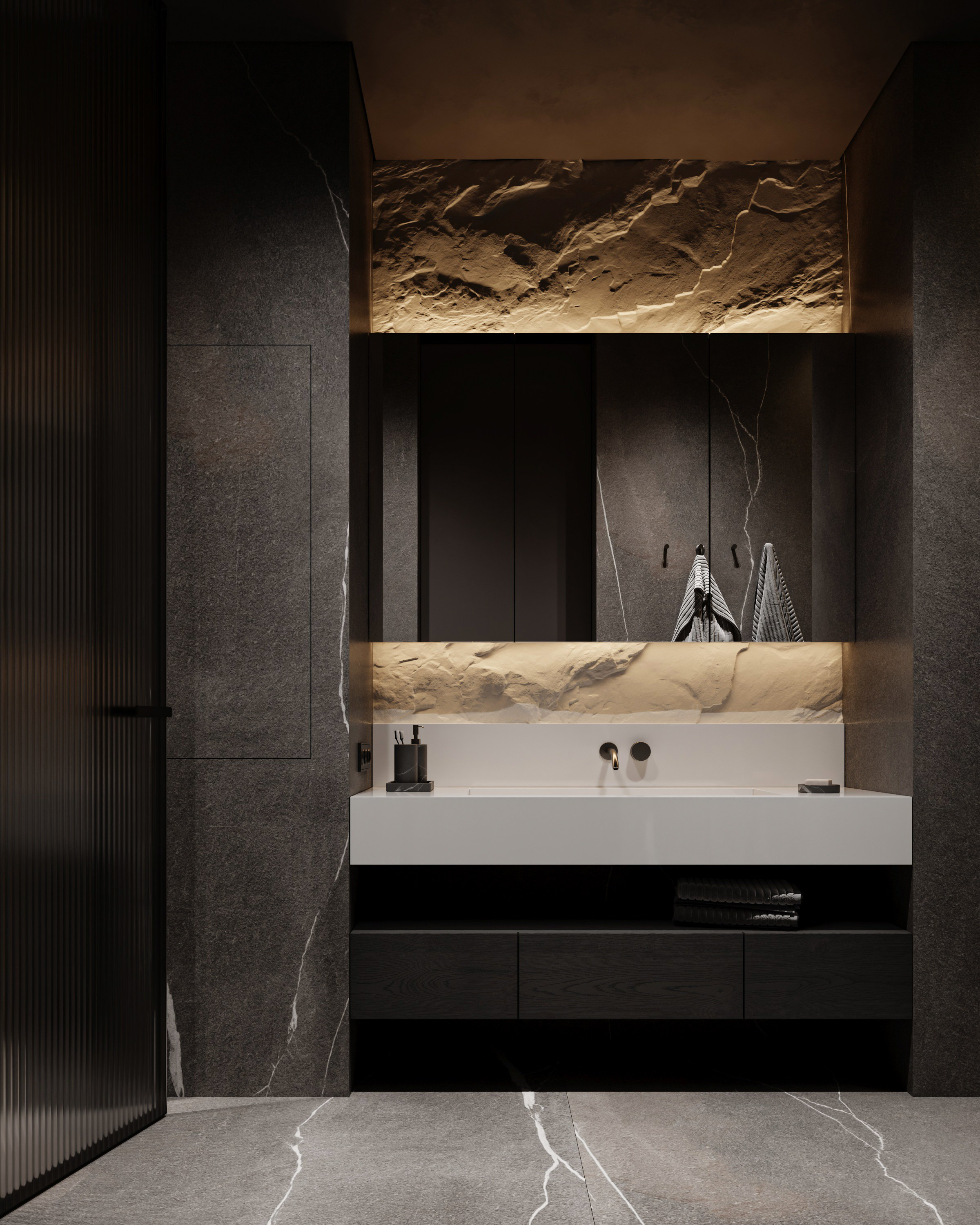 Санузел со скалой в стиле темный минимализм в Краснодаре