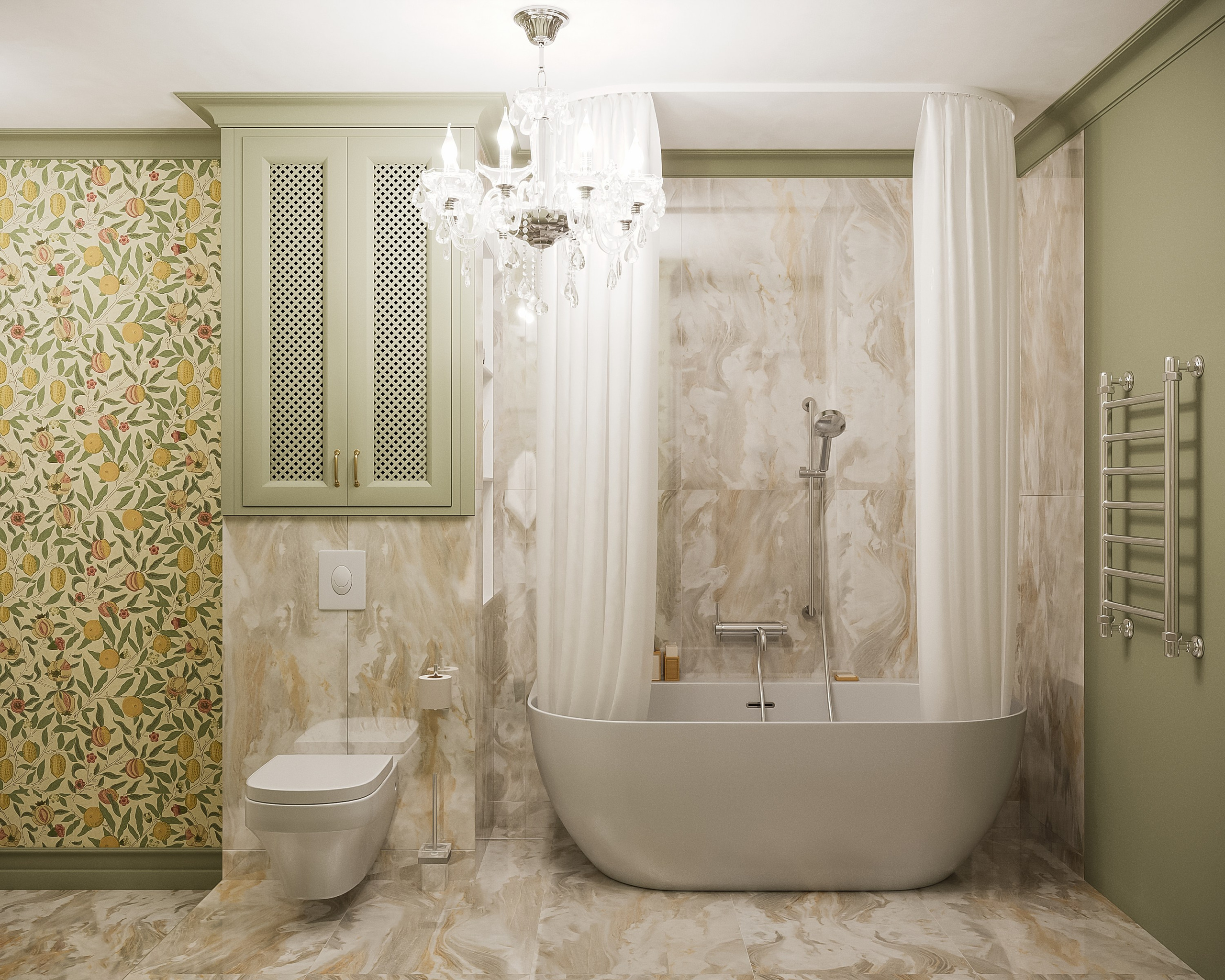 интерьер ванной комнаты в классическом стиле с ванной чашей и красивой классической люстрой 