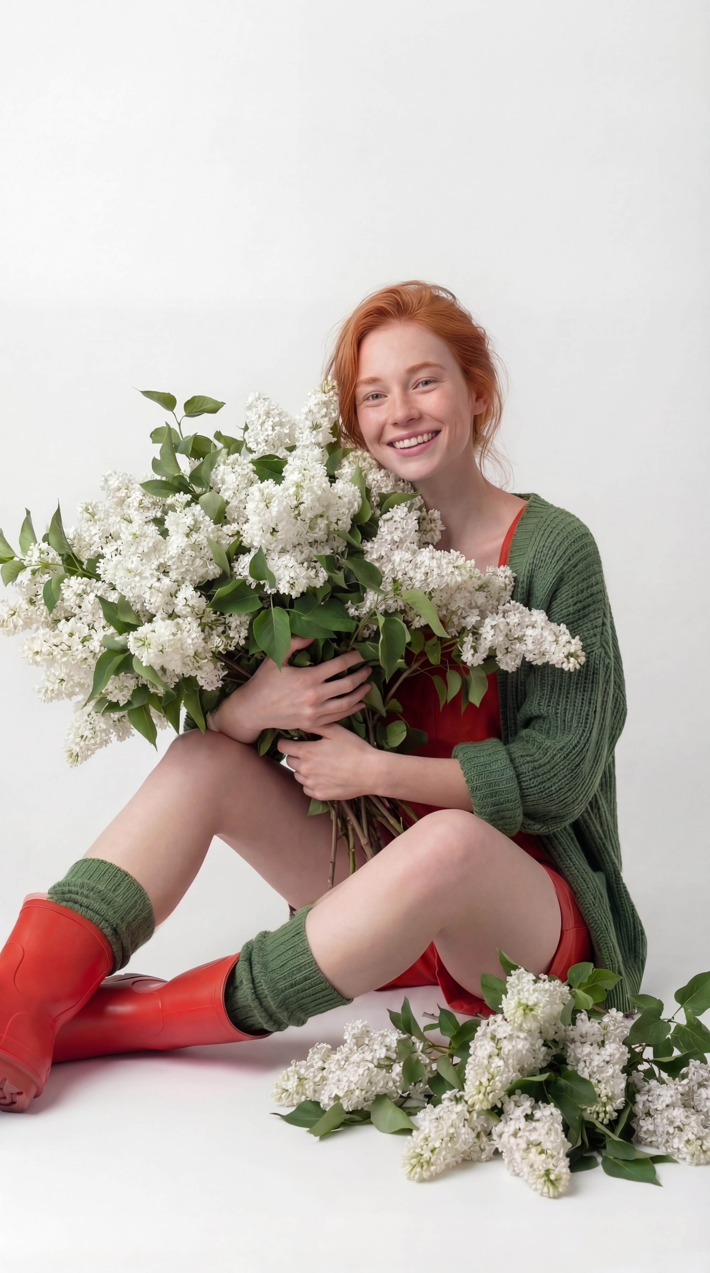 AI-фото рыжей девушки в зелёном свитере сидящей с букетом сирени на белом фоне, нейро-контент для fashion-бренда, AI-визуал студийная съёмка с цветами