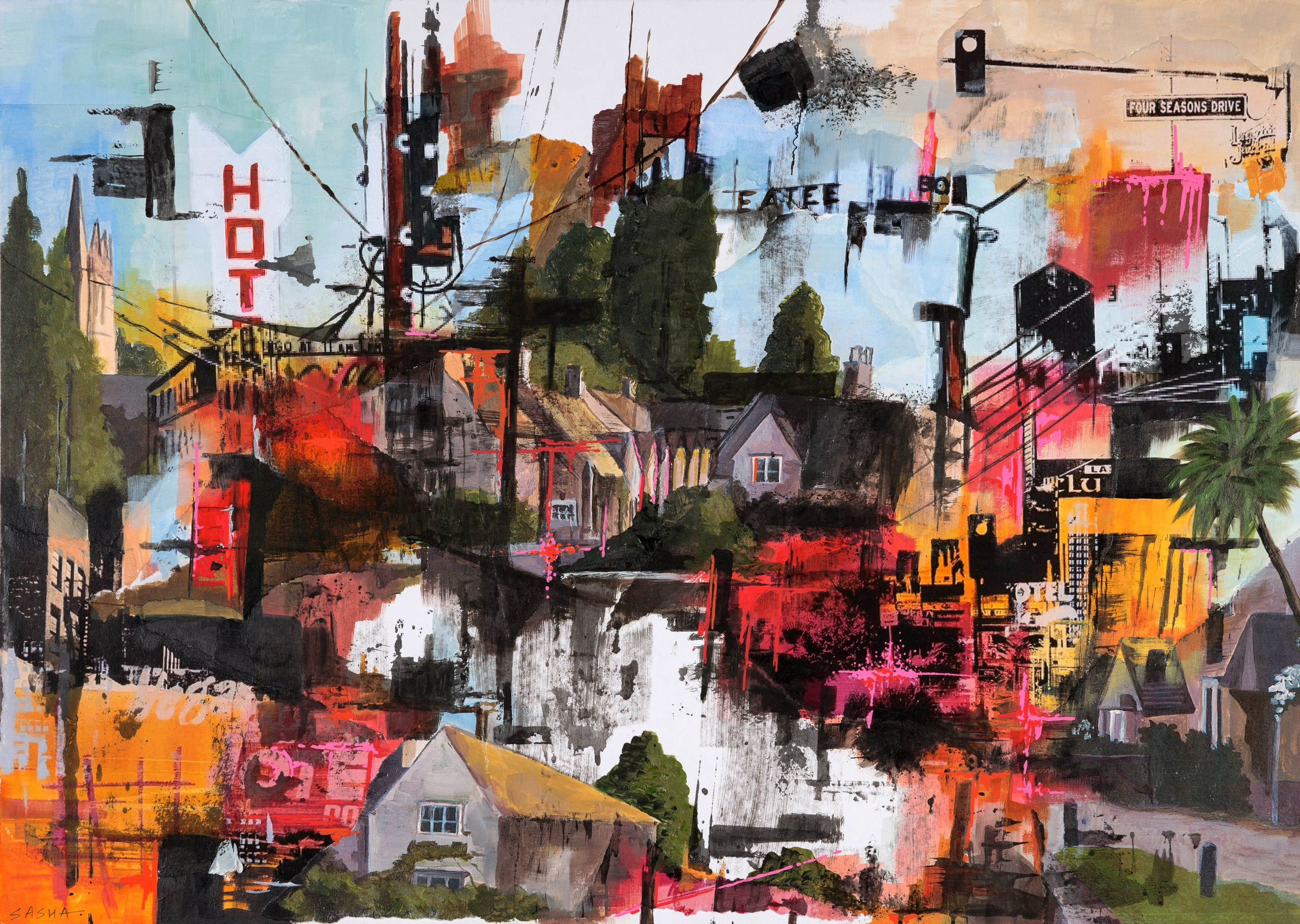 яркий сон о городке: дома, вывески, хаос красок