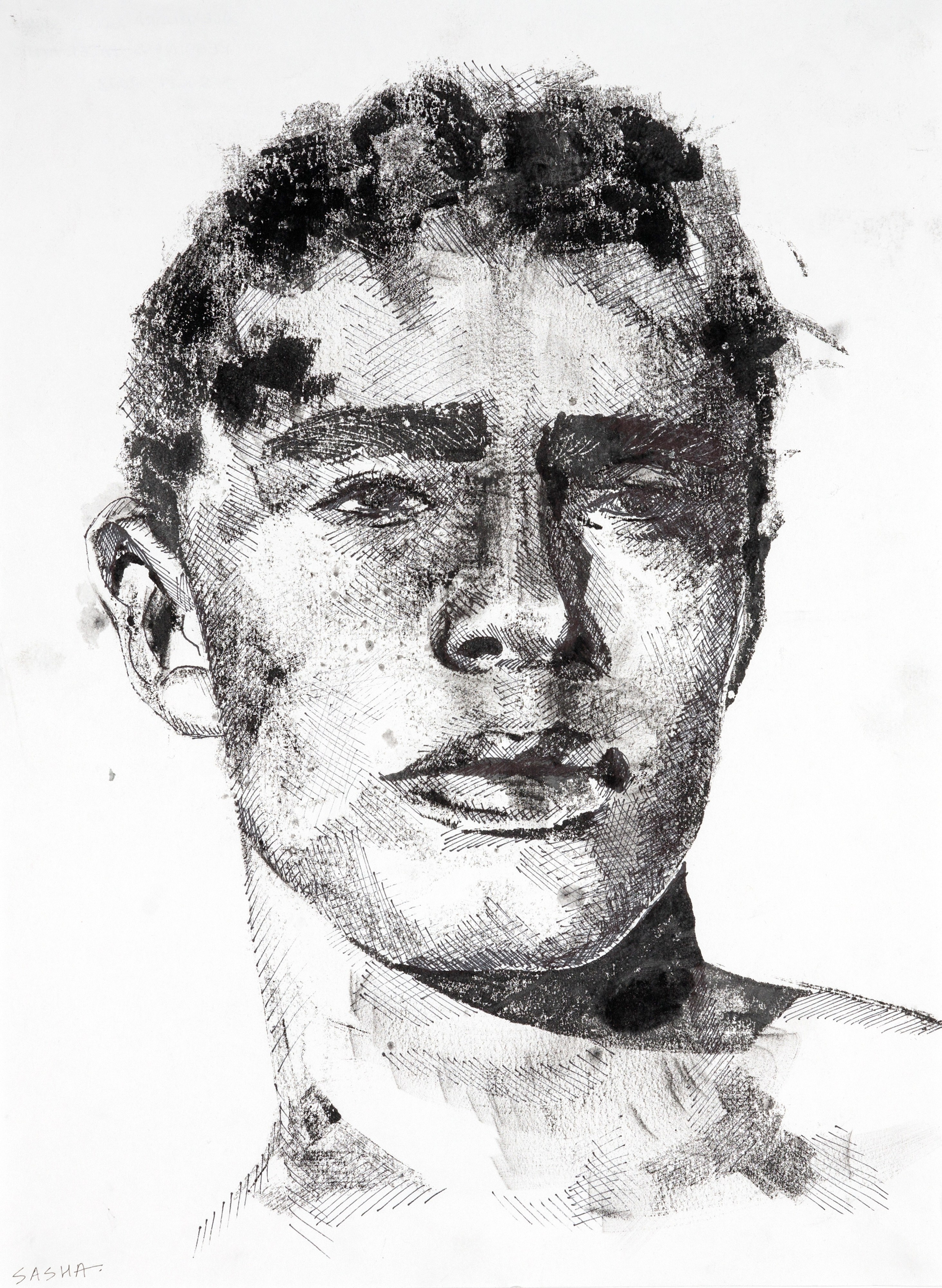 рисунок с выразительным мужским портретом, сделанным штриховкой