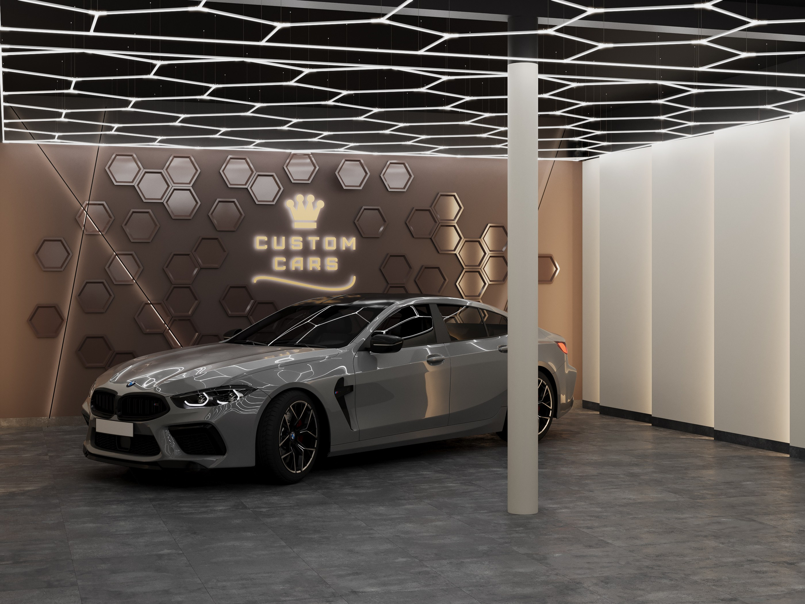 Фотореалистичный рендер зоны демонстрации автомобиля в студии детейлинга