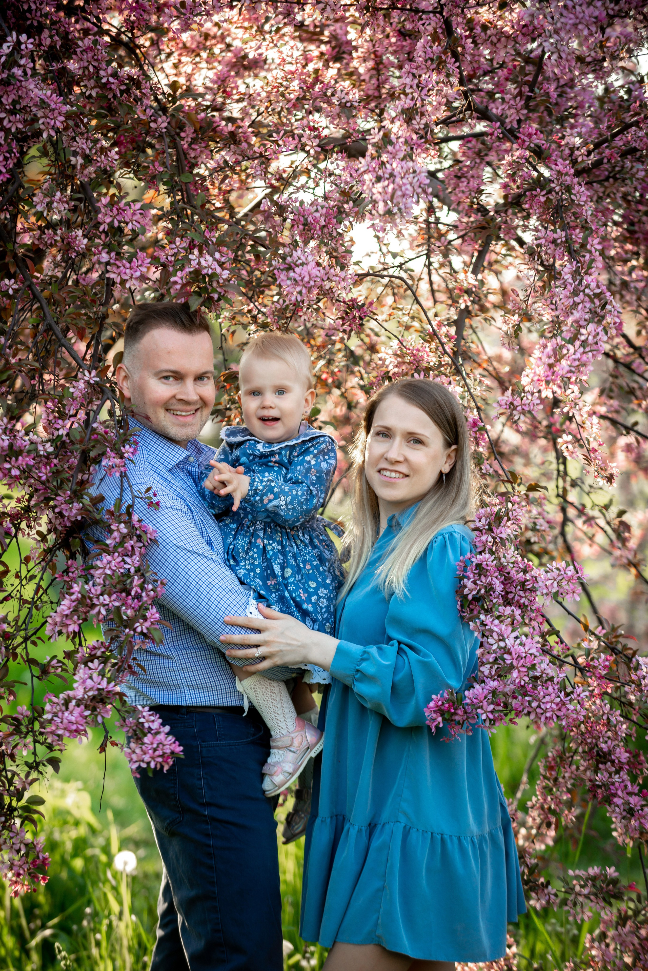 Ника и родители в розовых яблонях. Портретный, семейный и свадебный фотограф в Санкт-Петербурге и в Пушкине Ширяев Денис