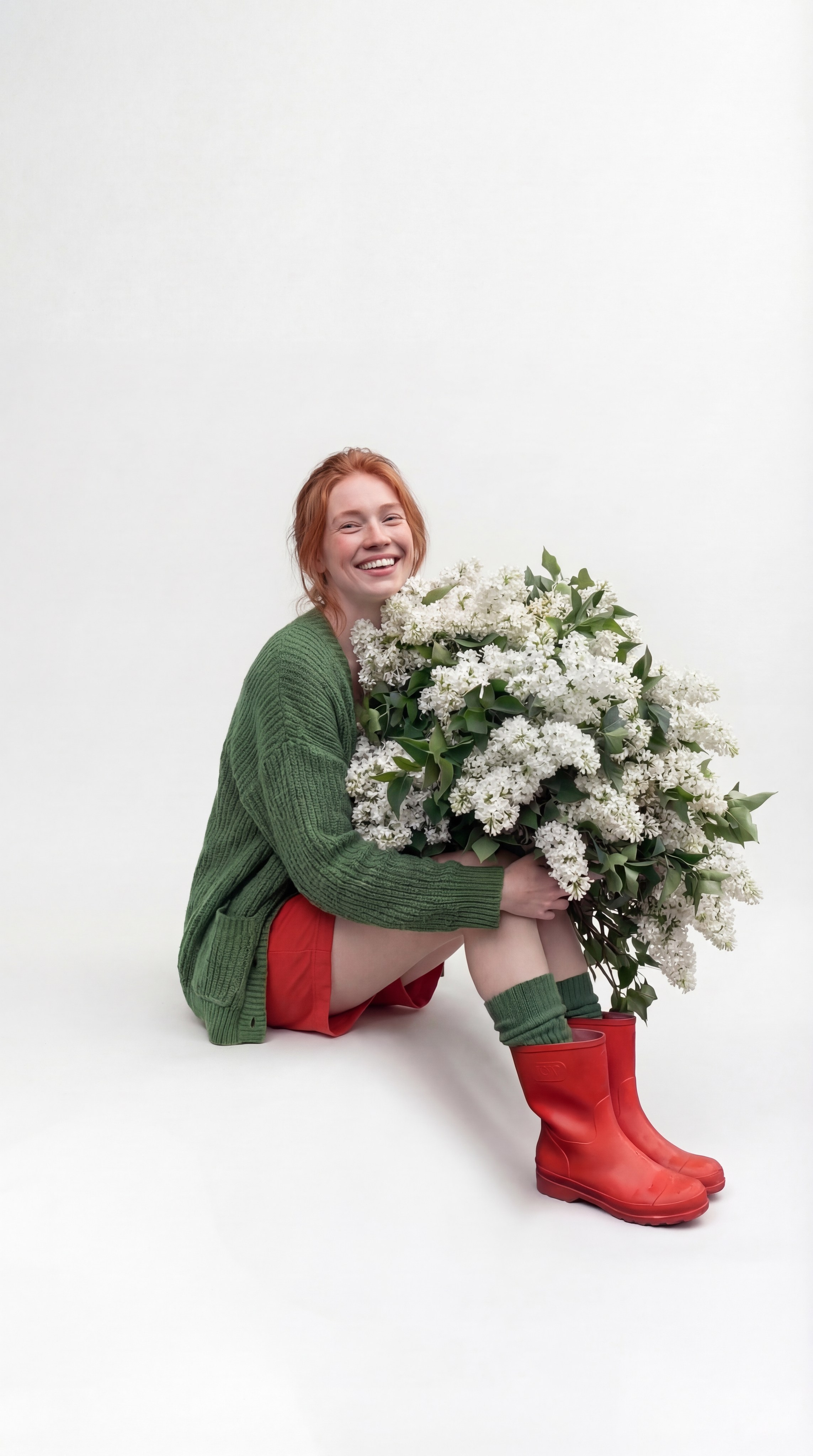 AI-съёмка девушки в красных сапогах с белыми цветами на белом фоне, нейро-контент для fashion-бренда, AI-визуал яркая студийная съёмка