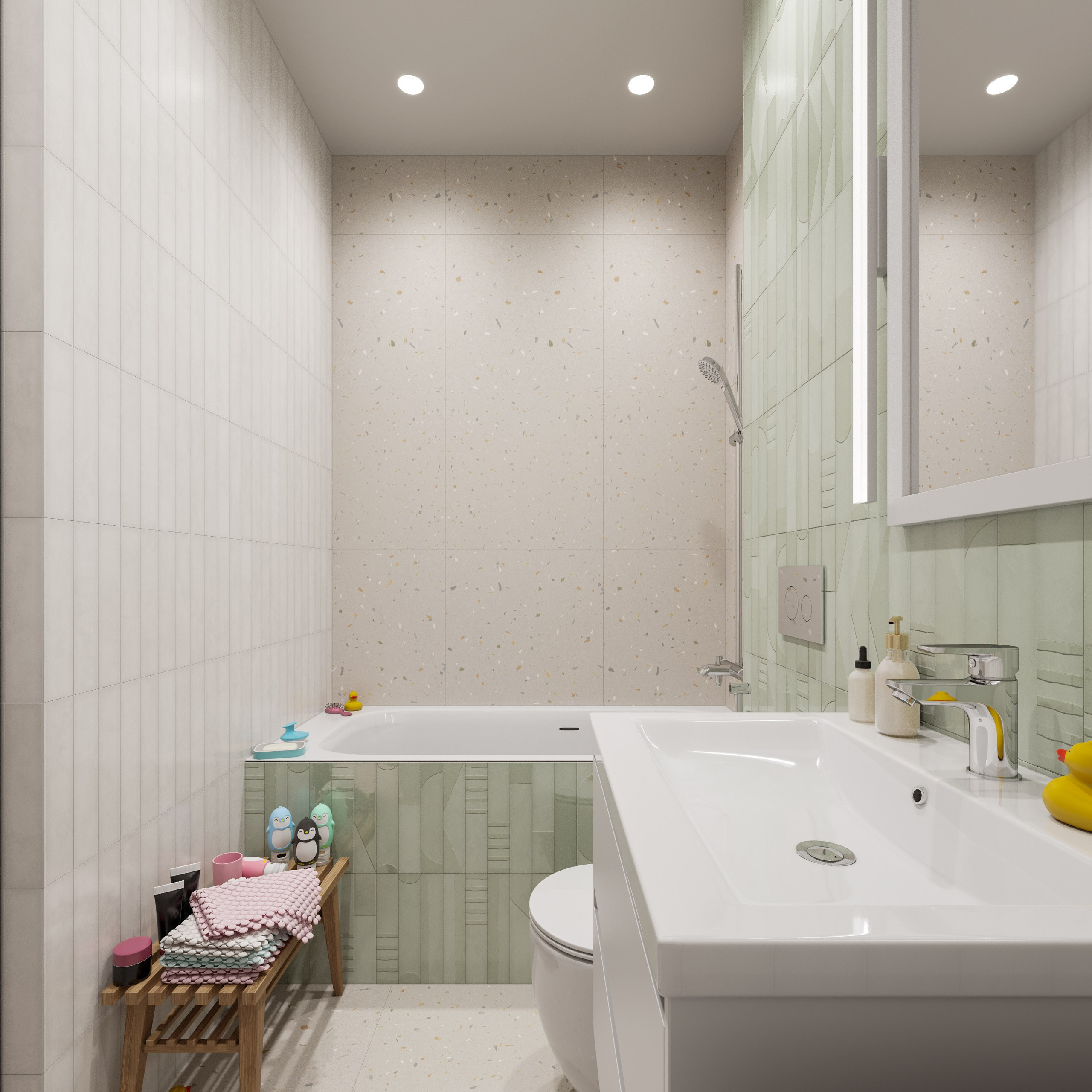 Деревянная скамья в детской ванной комнате