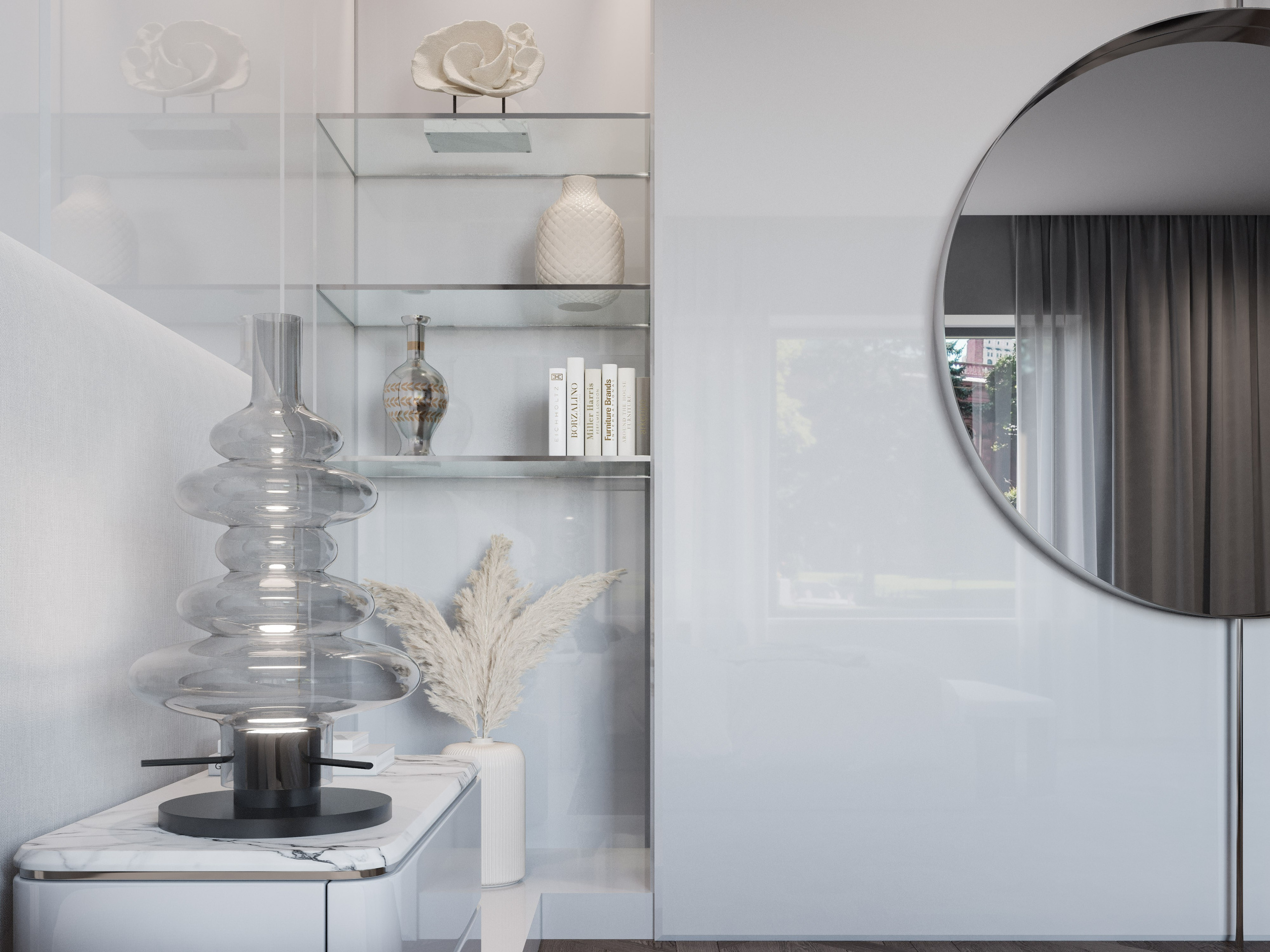 3D модель прикроватной зоны: мраморные тумбы и бра из хрусталя