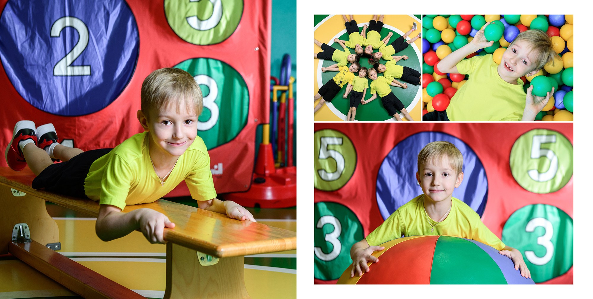 Персональный разворот с фотографиями ребенка в спортзале.