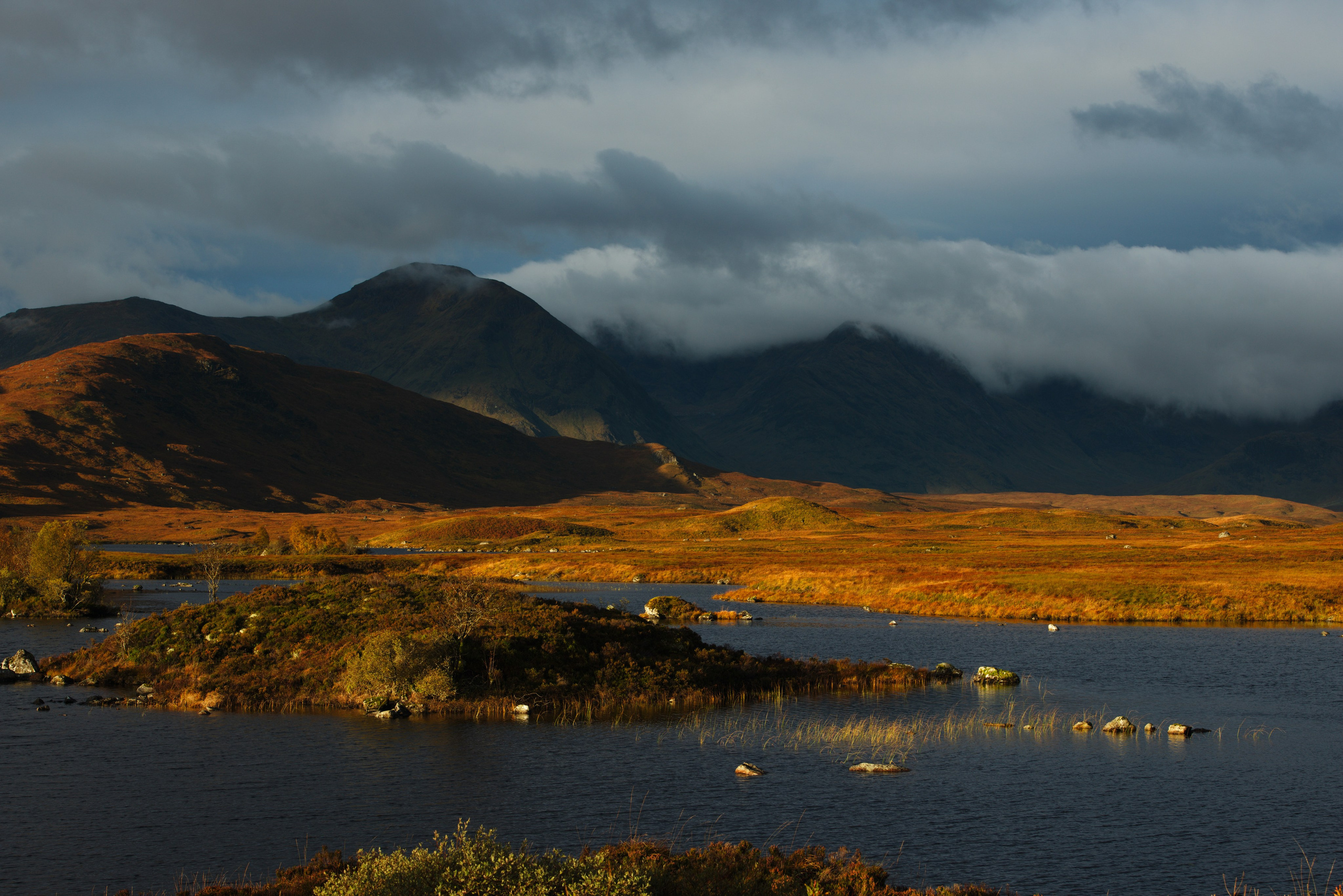 Суровый горный пейзаж Шотландии с осенними оранжевыми полями, небольшим скалистым островом на озере на переднем плане и темными горами, окутанными низкими облаками на заднем плане.