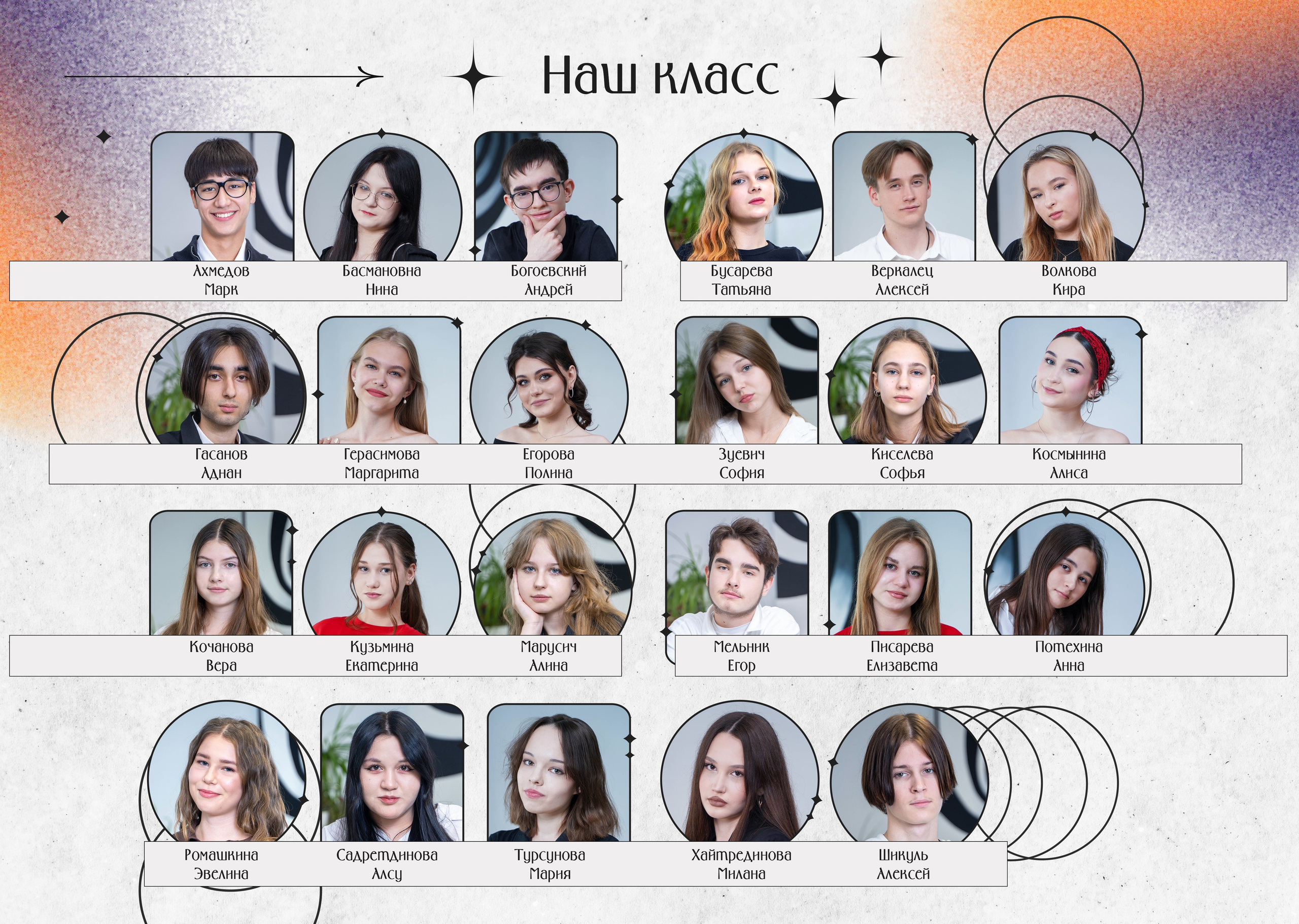 Крупные портреты 9 класса на виньетках в свежем и ярком дизайне фотокниги