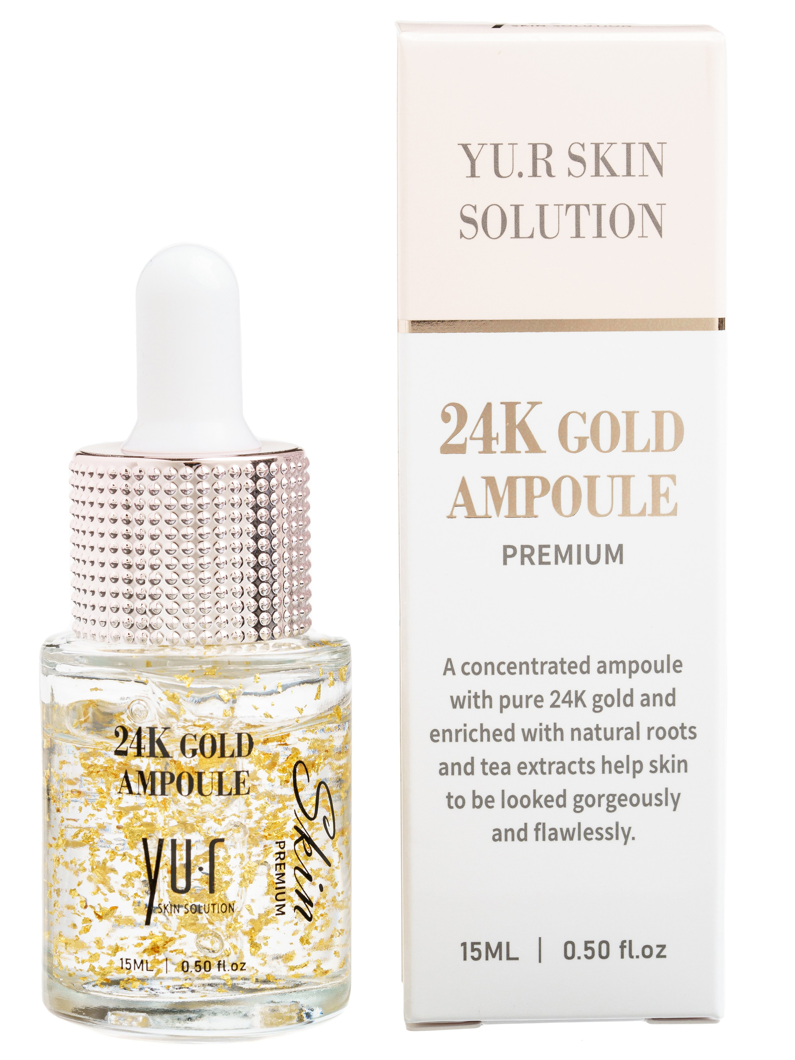 Ампульная сыворотка Yu.R Premium Gold Ampoule с коллоидным золотом — предметная съёмка с упаковкой для официального представителя корейской косметики