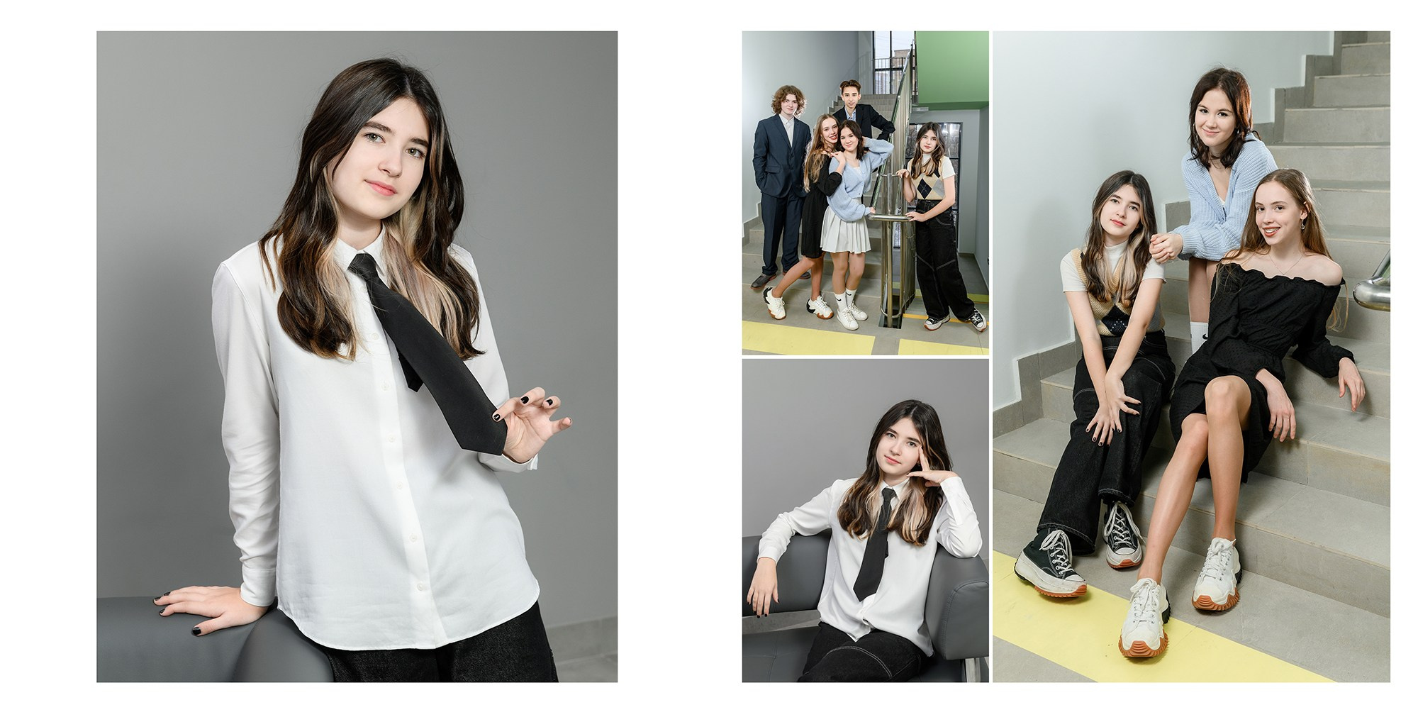 Персональный разворот 9-классницы с портретами и групповыми фотографиями в интерьерах школы. 