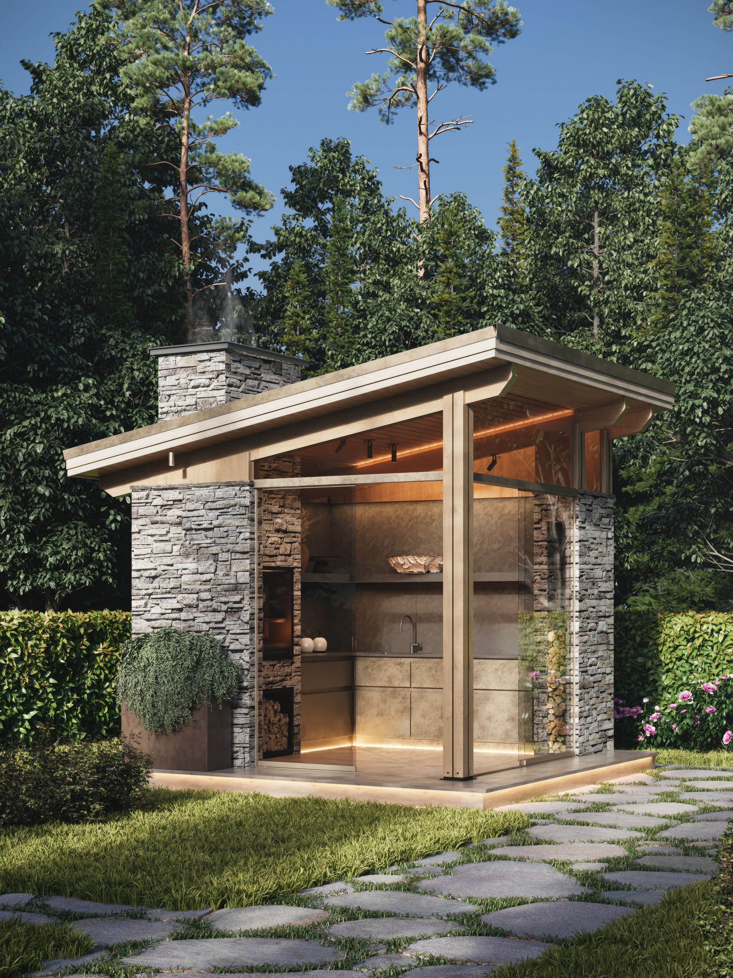Беседка с грилем. 3D визуализация интерьера и архитектурной среды