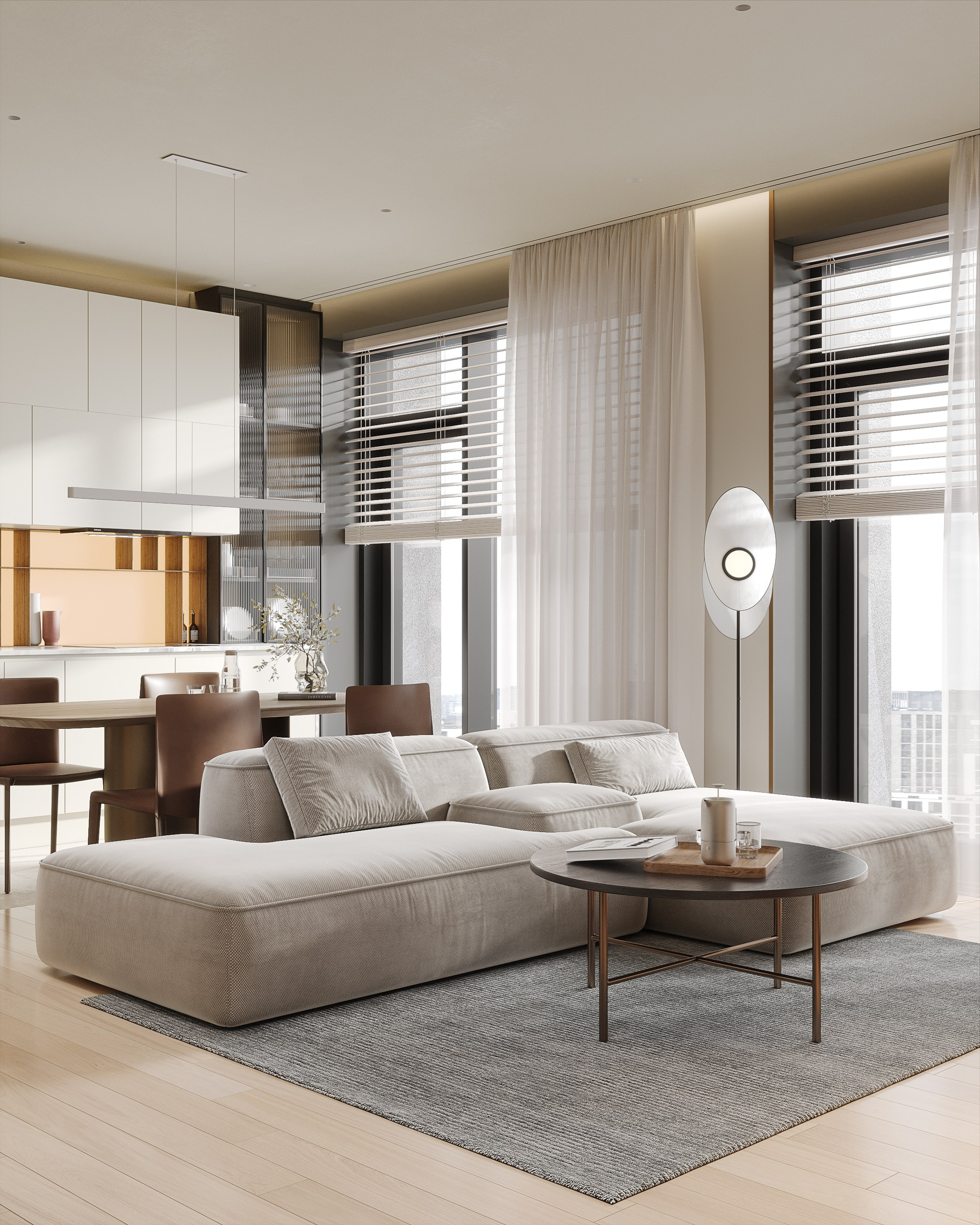 3D визуализация просторной гостиной в открытой планировке с большим L-образным диваном, журнальным столиком и подвесным светильником, подчеркивающая минималистичный дизайн.