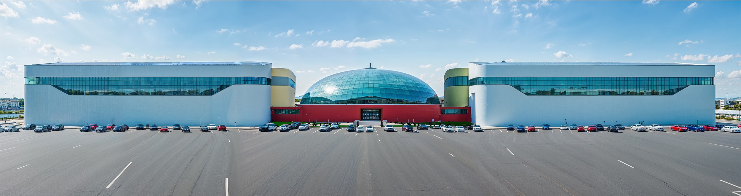 Фотореалистичная панорама современного комплекса с большим стеклянным куполом 