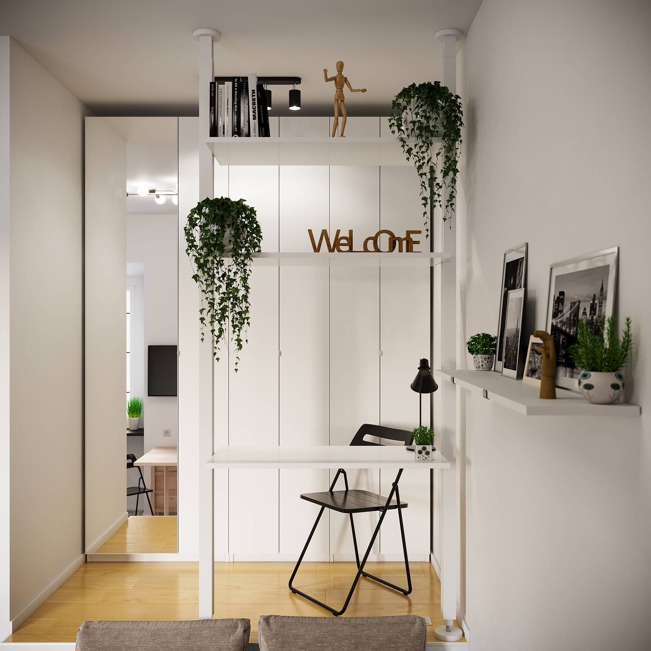 Рабочее место на подиуме в студии: белые навесные полки с растениями и письменный стол