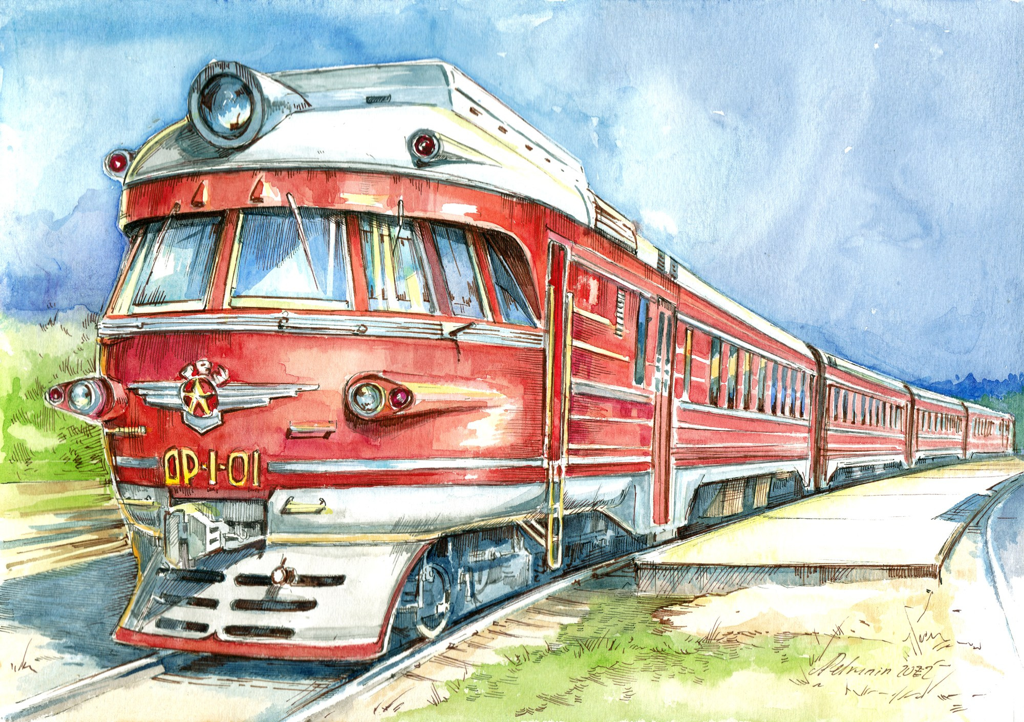 Пригородные поезда. Художник Александр Петрунин