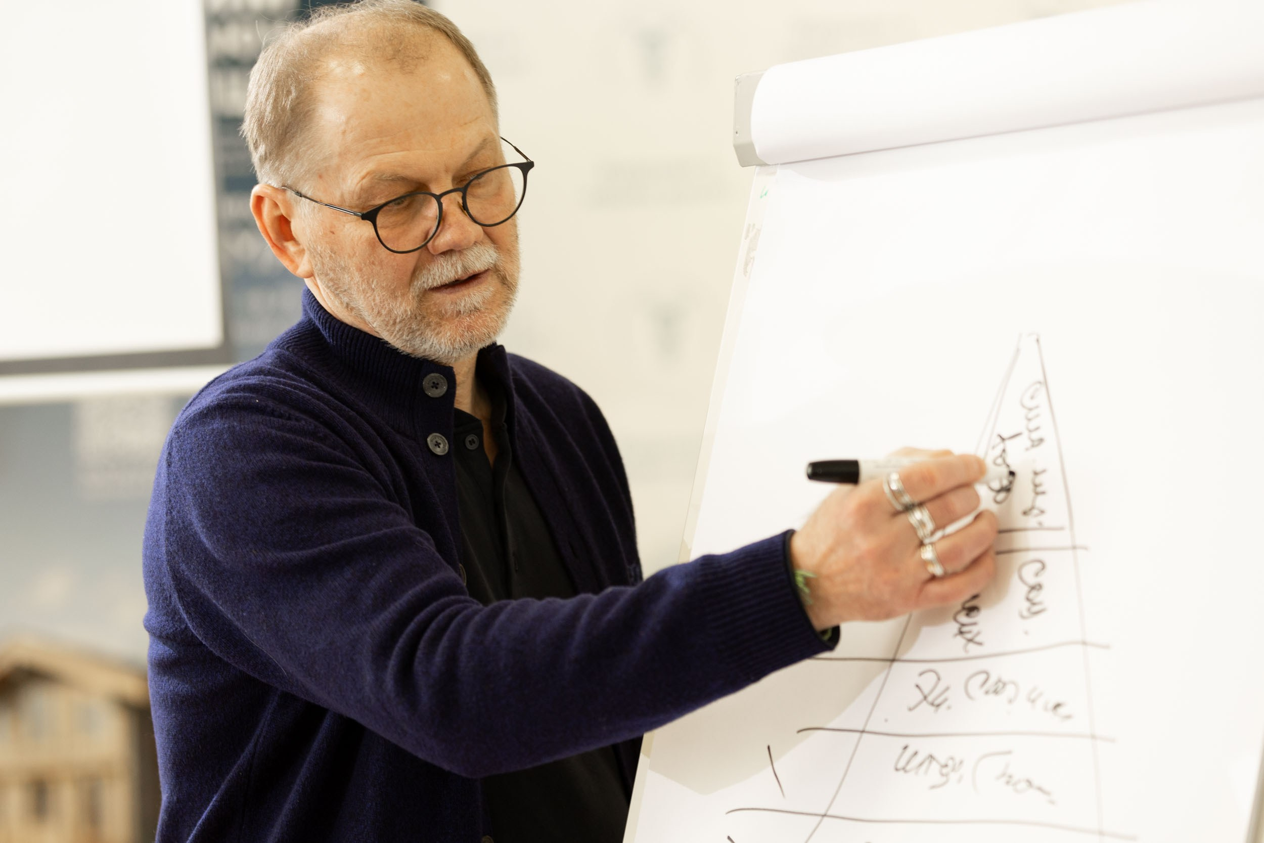 Спикер использует флип чарт на бизнес семинаре.