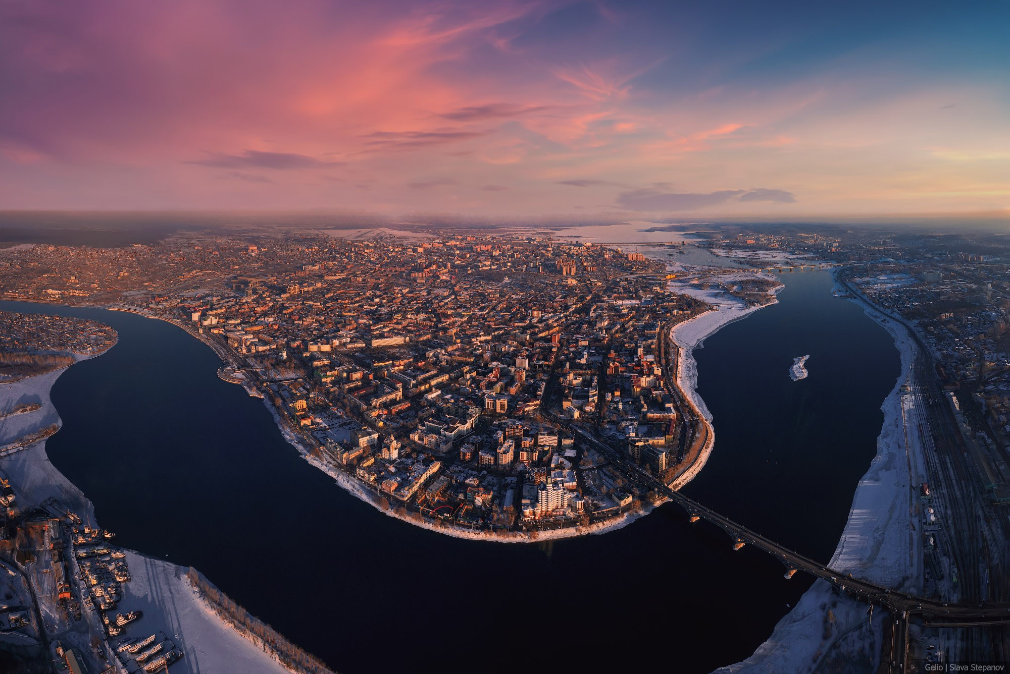 Иркутск с высоты, ангара река, центр города