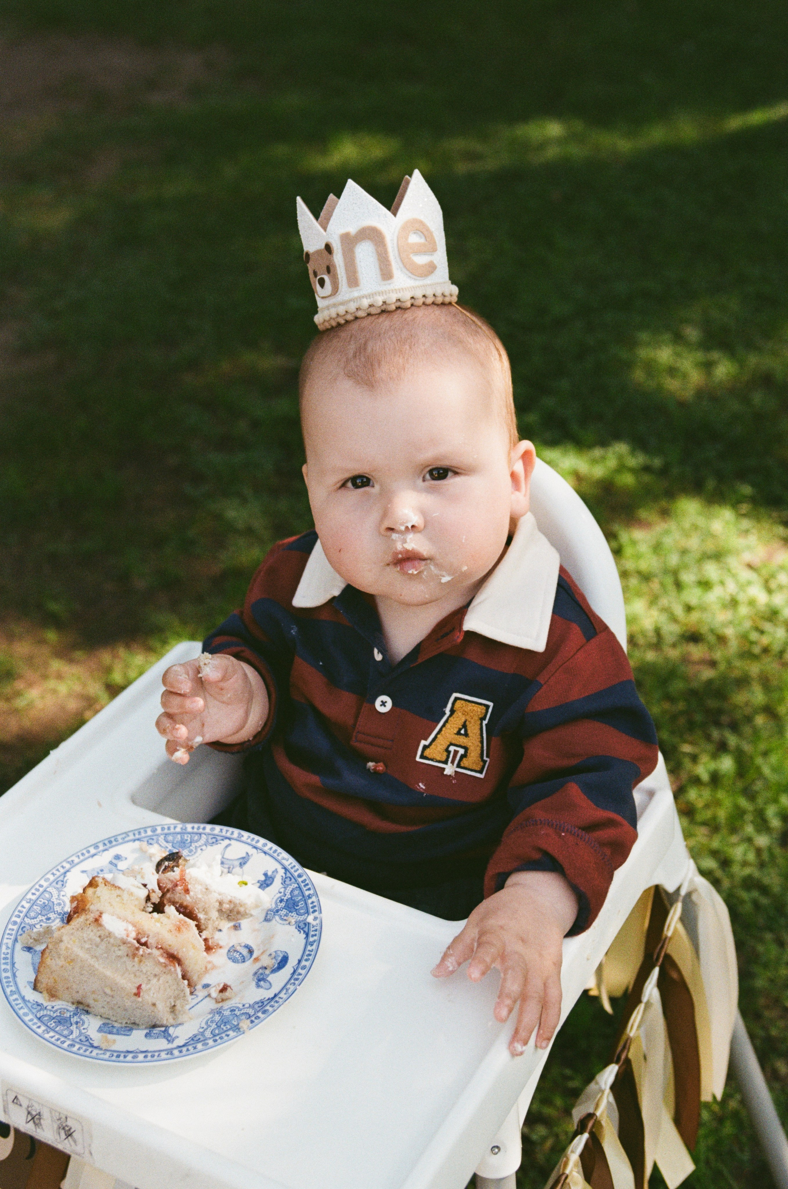 A park celebration on film for a baby turning one, dressed in a sparkly crown