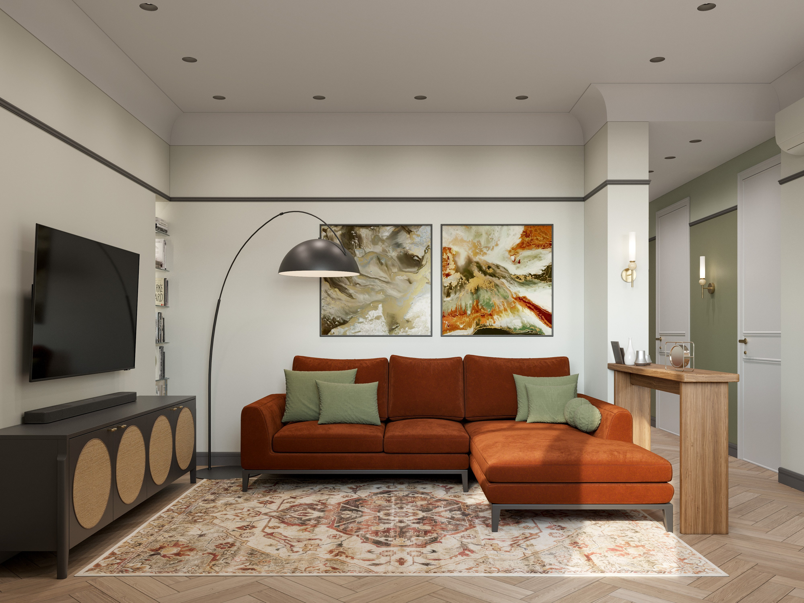 3D визуализация гостиной в стиле современная классика с рыжим бархатным диваном