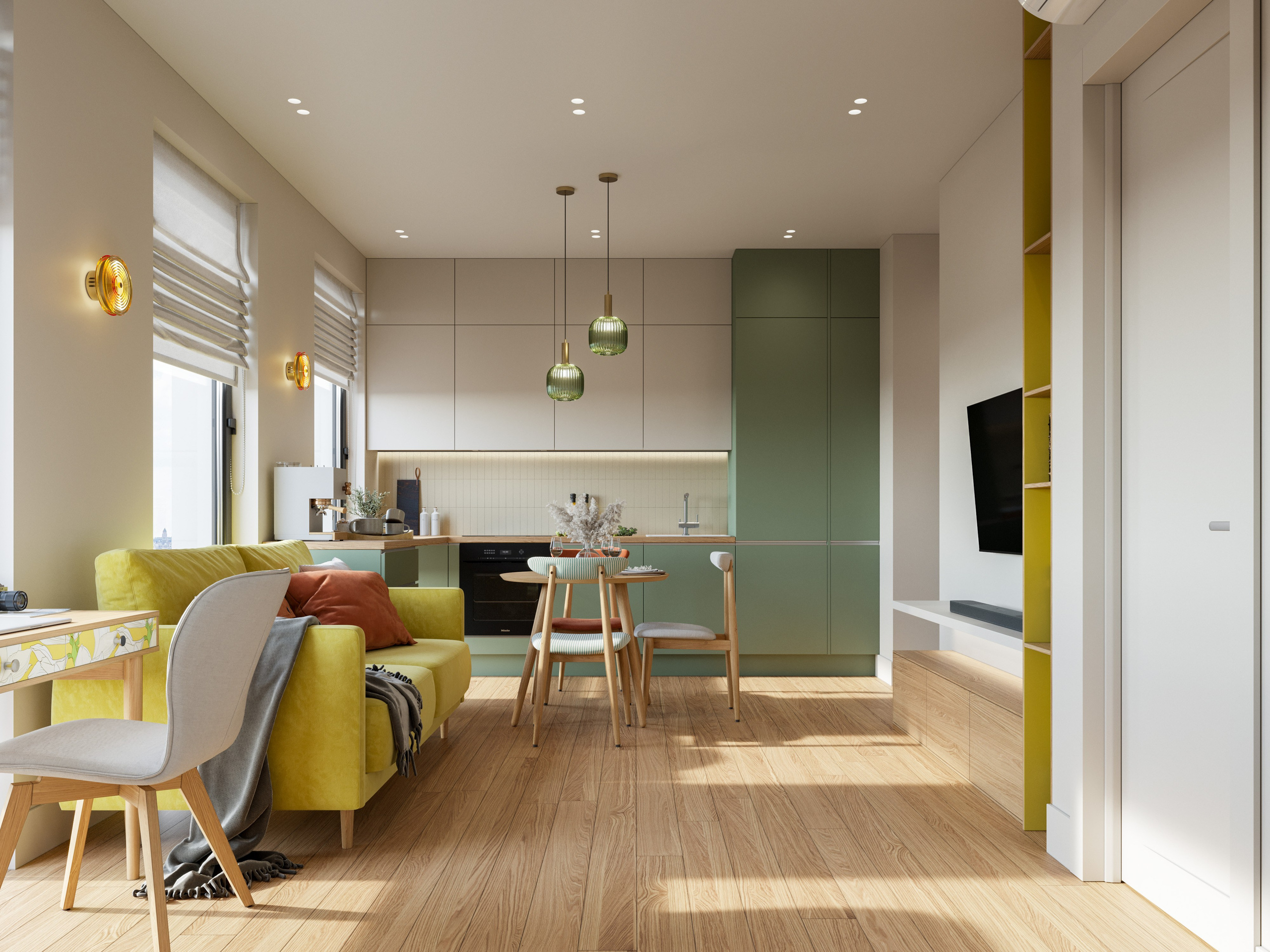 Компактная кухня с зелеными фасадами и небольшим столом в минималистичном дизайне