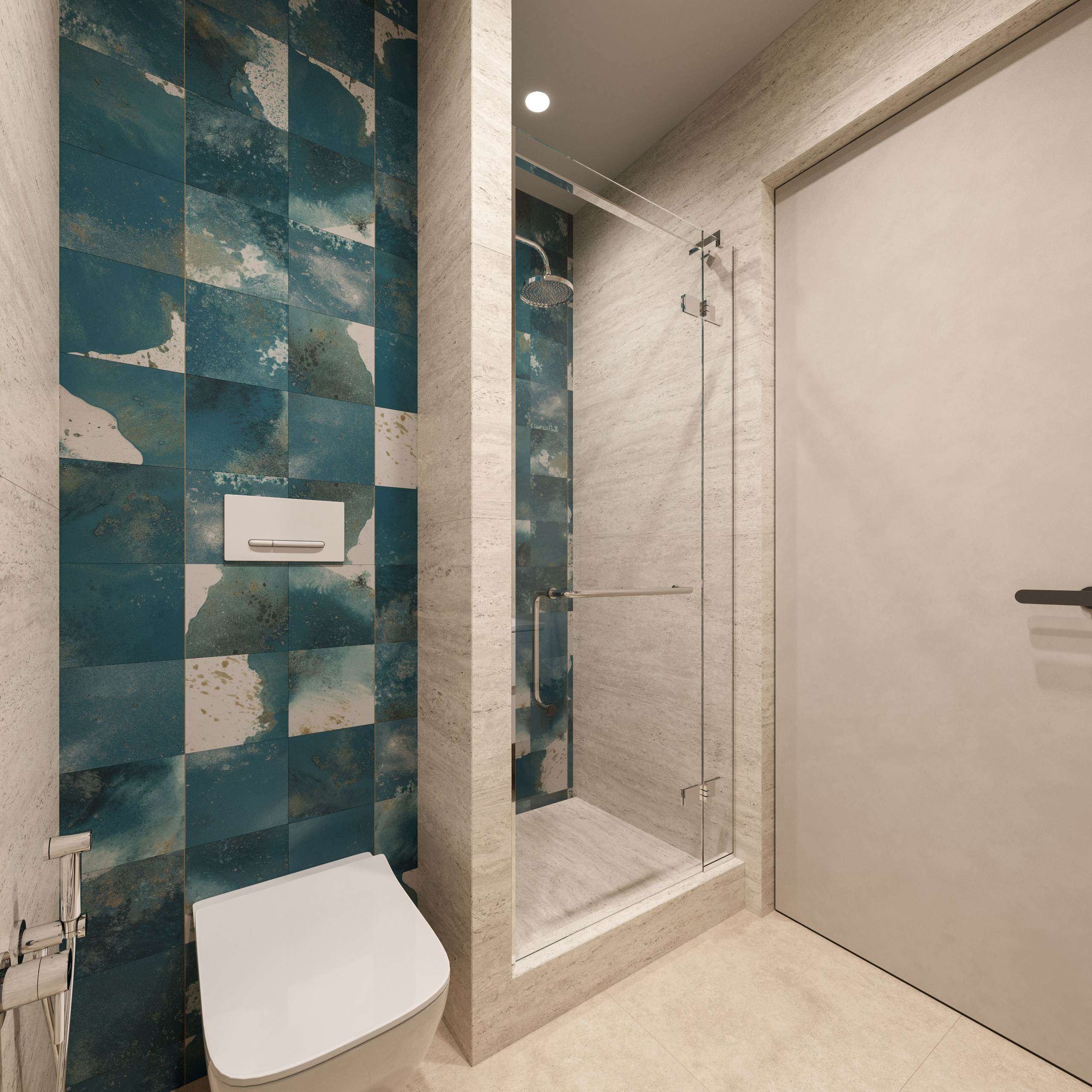 3D визуализация ванной комнаты в пастельных тонах с акцентной синей плиткой