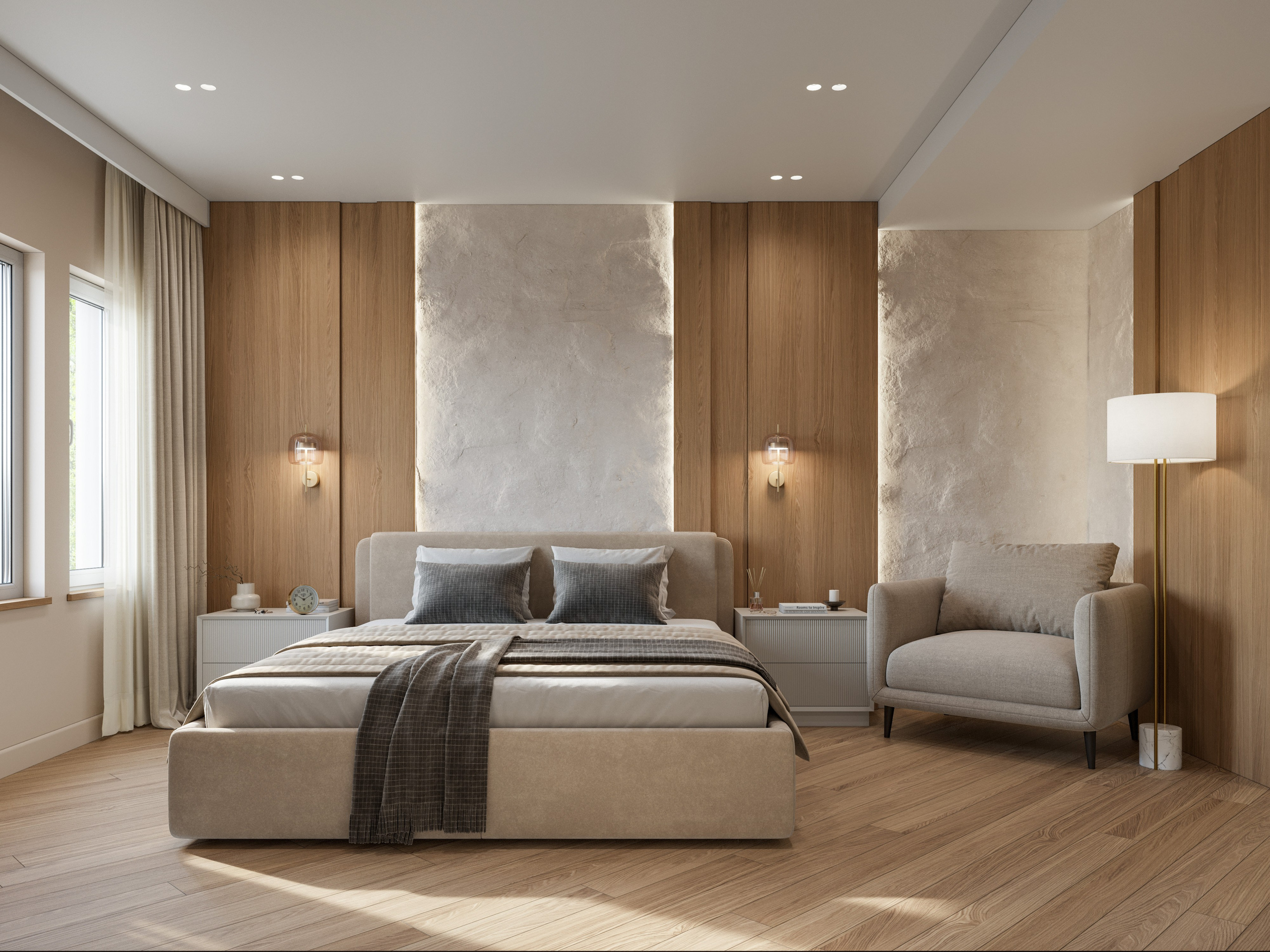 Спальня в современном стиле с деревянными панелями и мягким изголовьем кровати