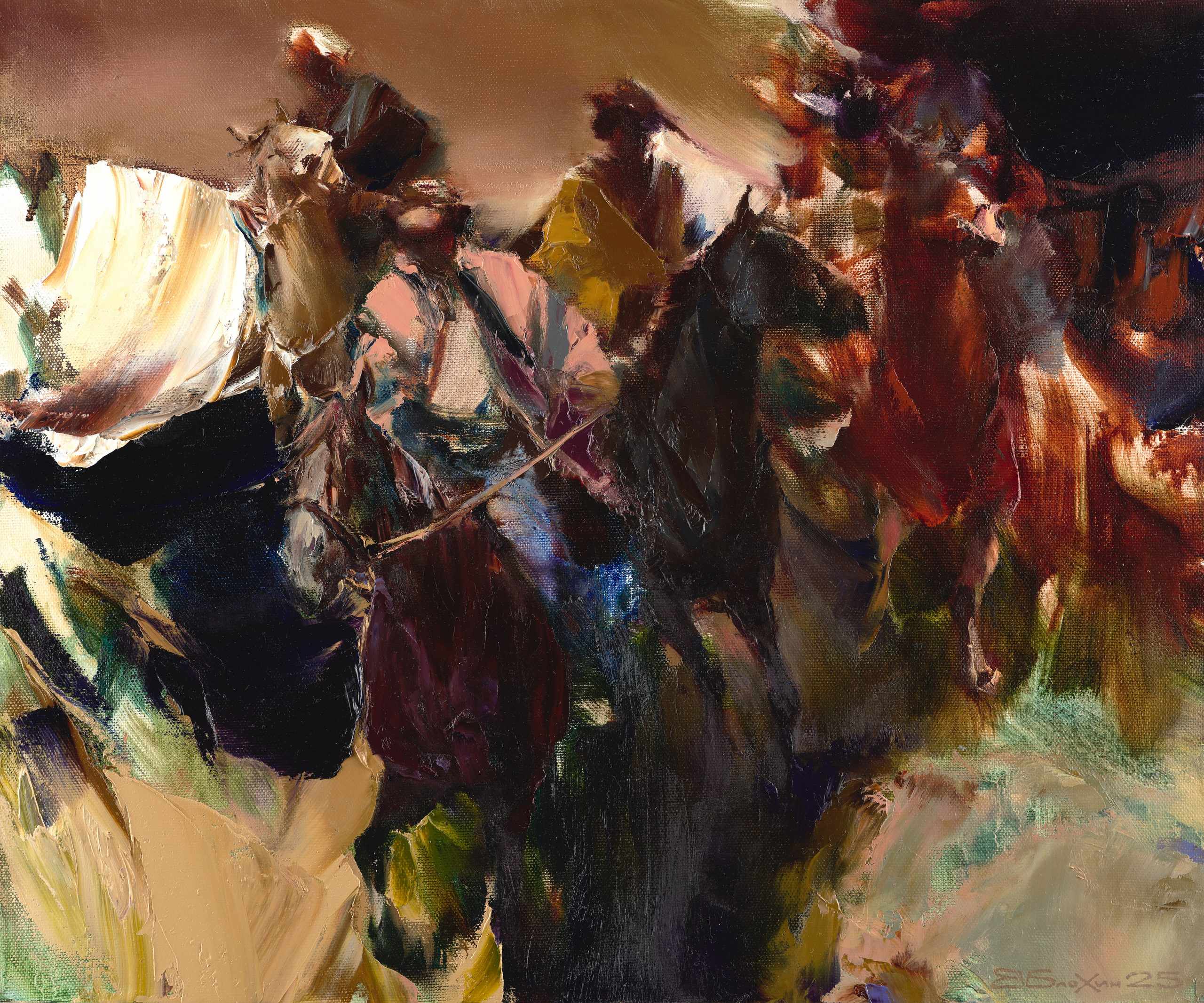 «Этюд со всадниками 5» - художник Валерий Блохин (холст, масло, 50x60 см, 2025)