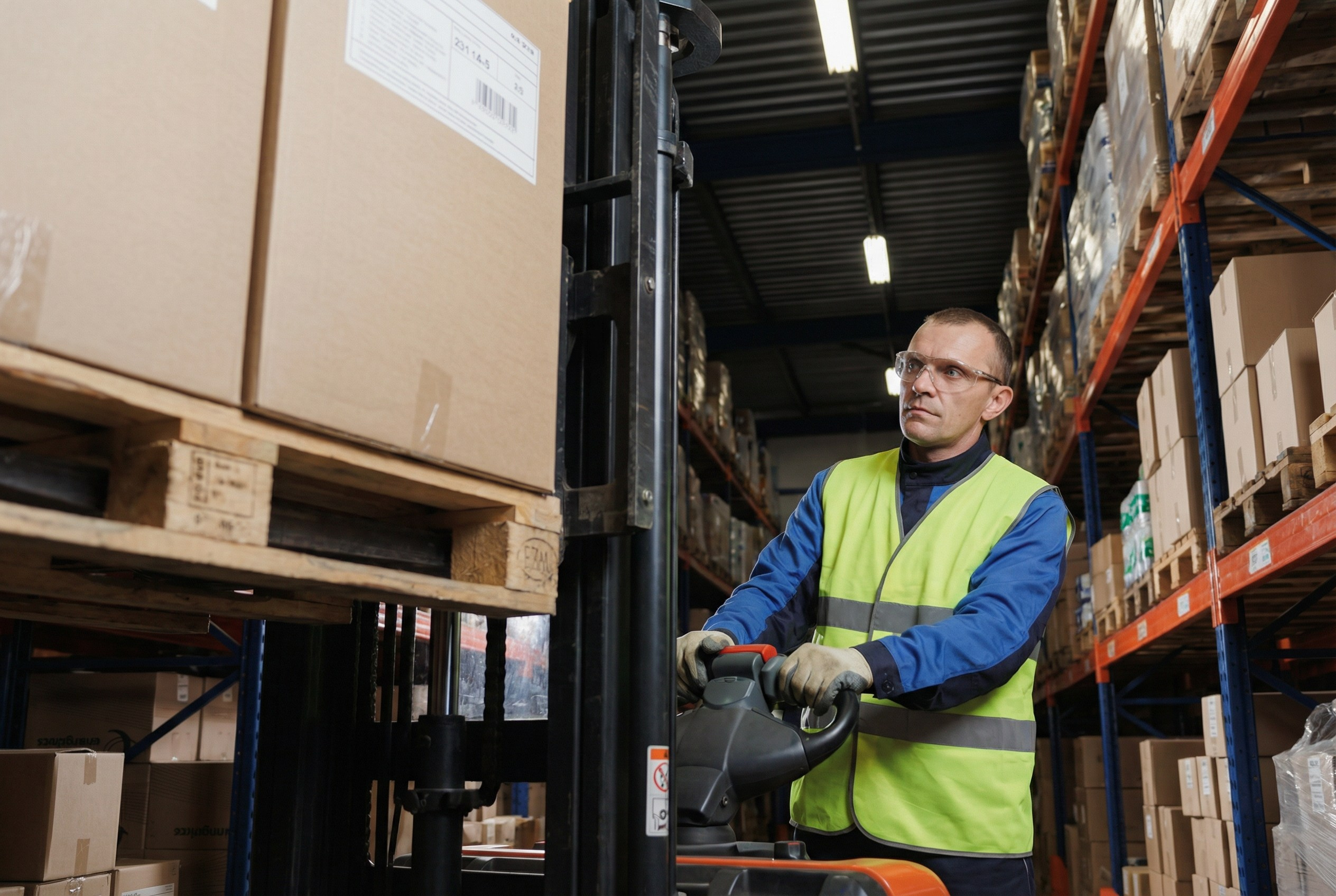 Оператор управляет погрузчиком, перемещая паллеты на складе. Профессиональная съемка.