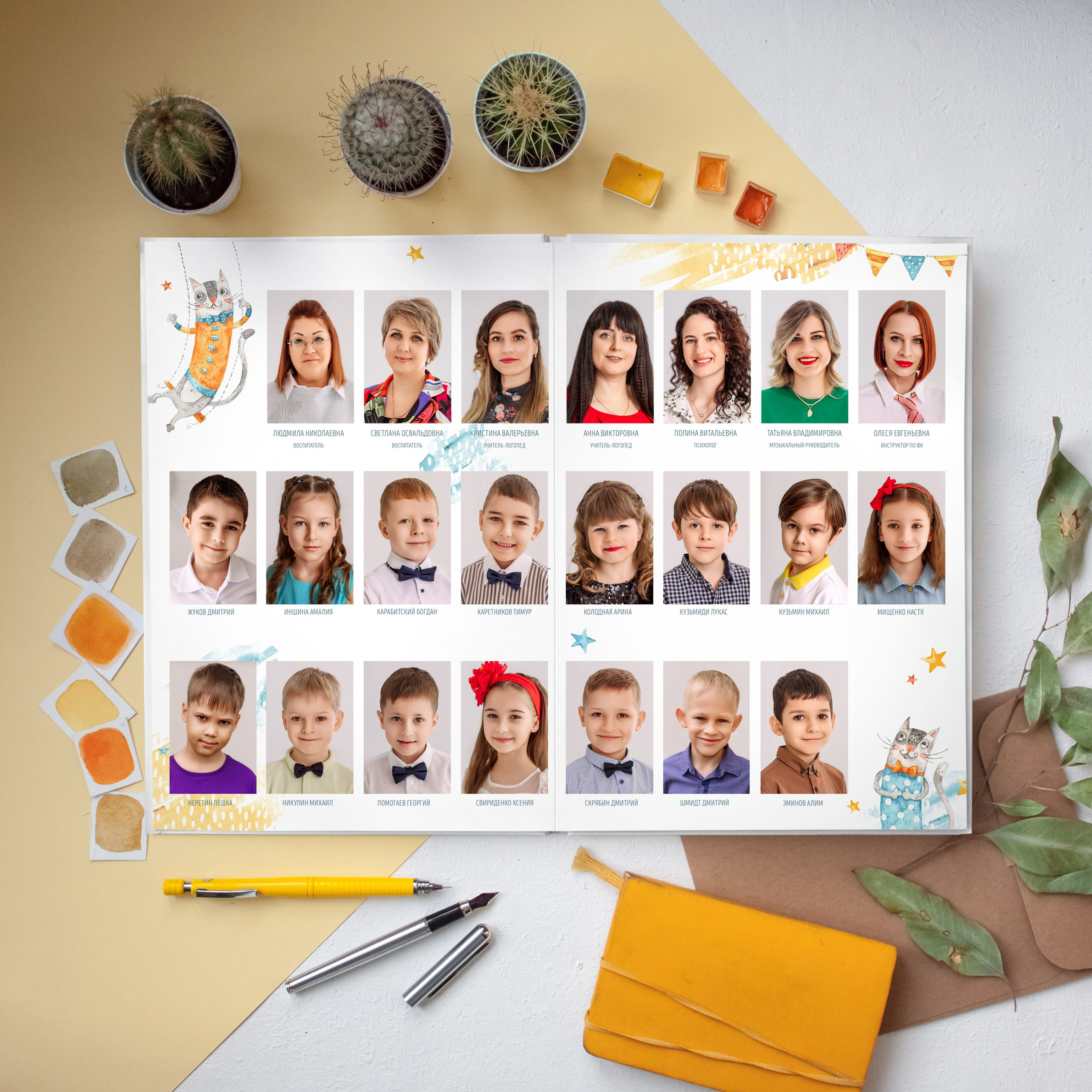 Выпускной альбом для детского сада на 1 разворот - по сути это папка, но все необходимое есть - портреты детей на обложке и все выпускники внутри на виньетке