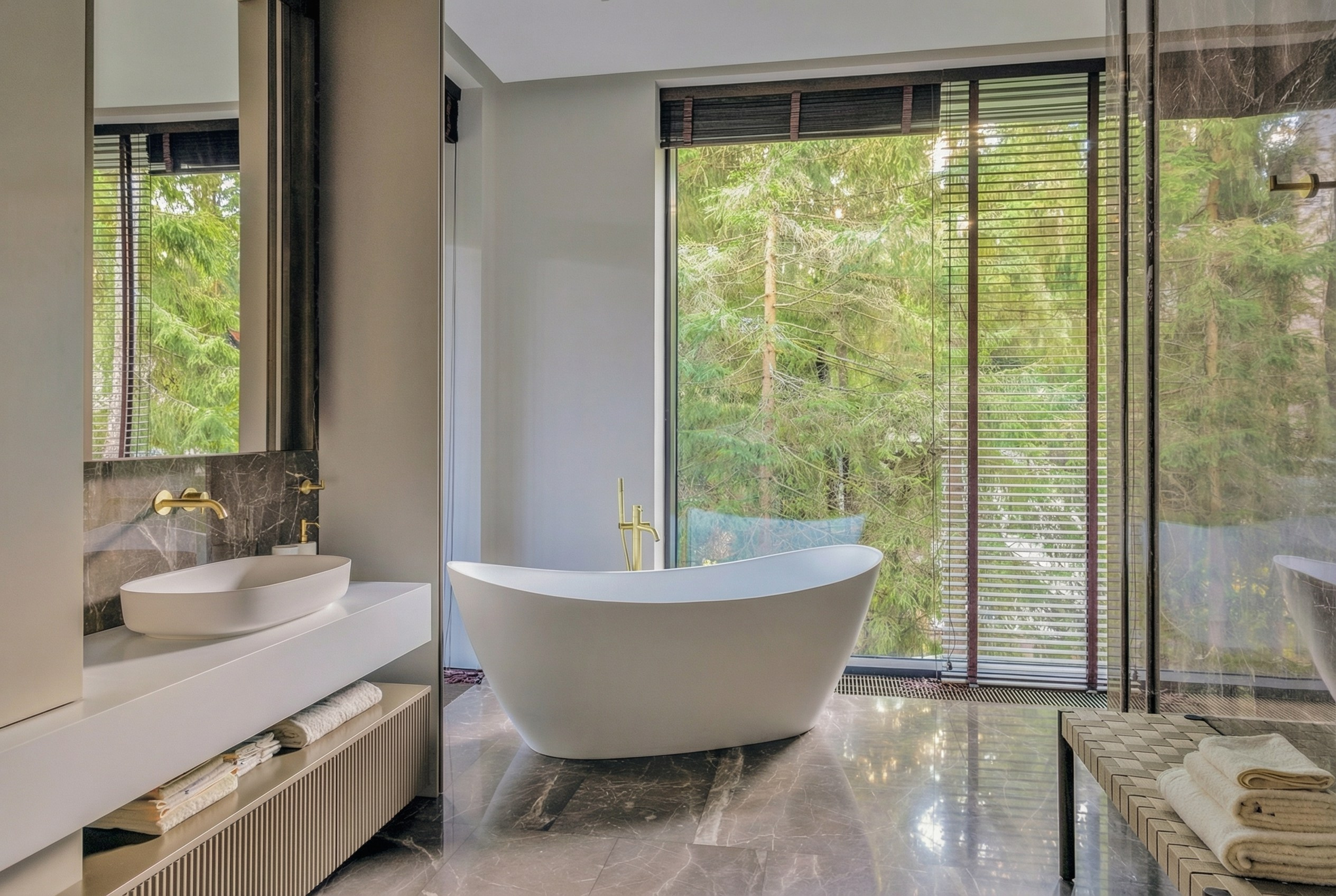 Мастер-ванная с отдельно стоящей ванной у панорамного окна с видом на лес, мраморная отделка и золотая сантехника, проект Валерии Котович, дом 1240 м² в Подмосковье.