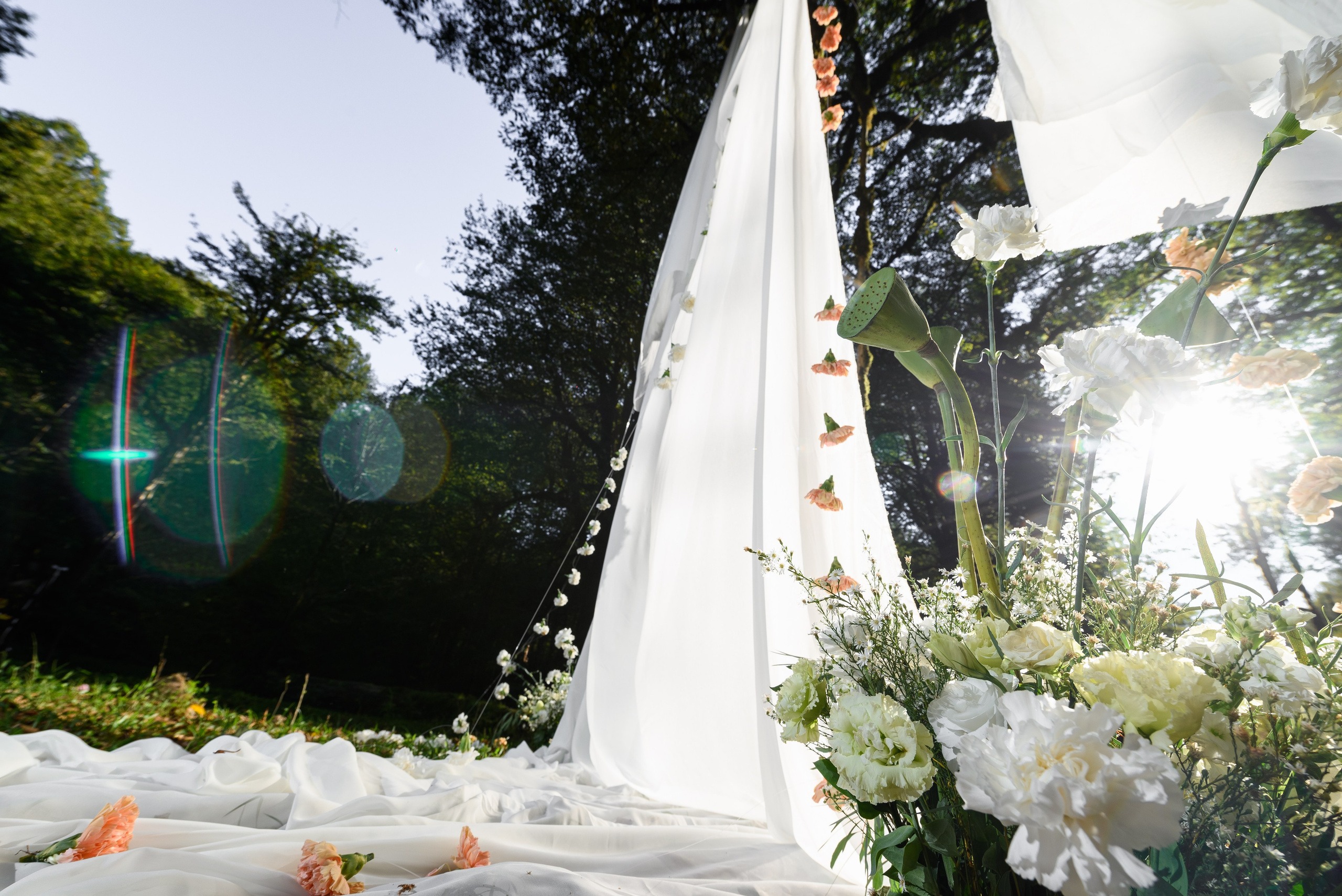 Свадебная съемка в лесу на выездной церемонии в Сочи, свадебный фотограф Сочи на переднем плане белые цветы справа также солнце пробивается справа сквозь просто не натянутые которые свисают с дерева и плавно ложатся на землю 