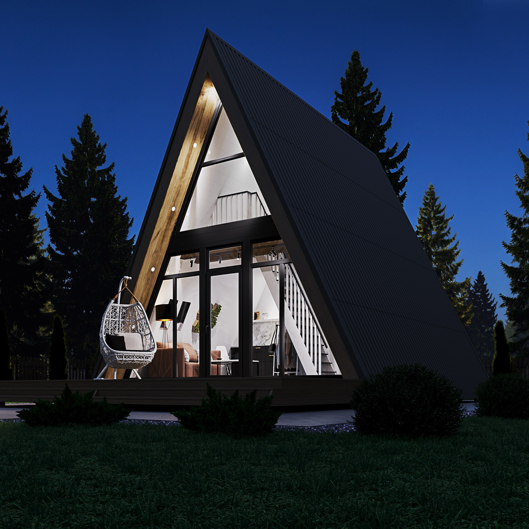 A-образный дом ночью, вид сбоку, с панорамными окнами