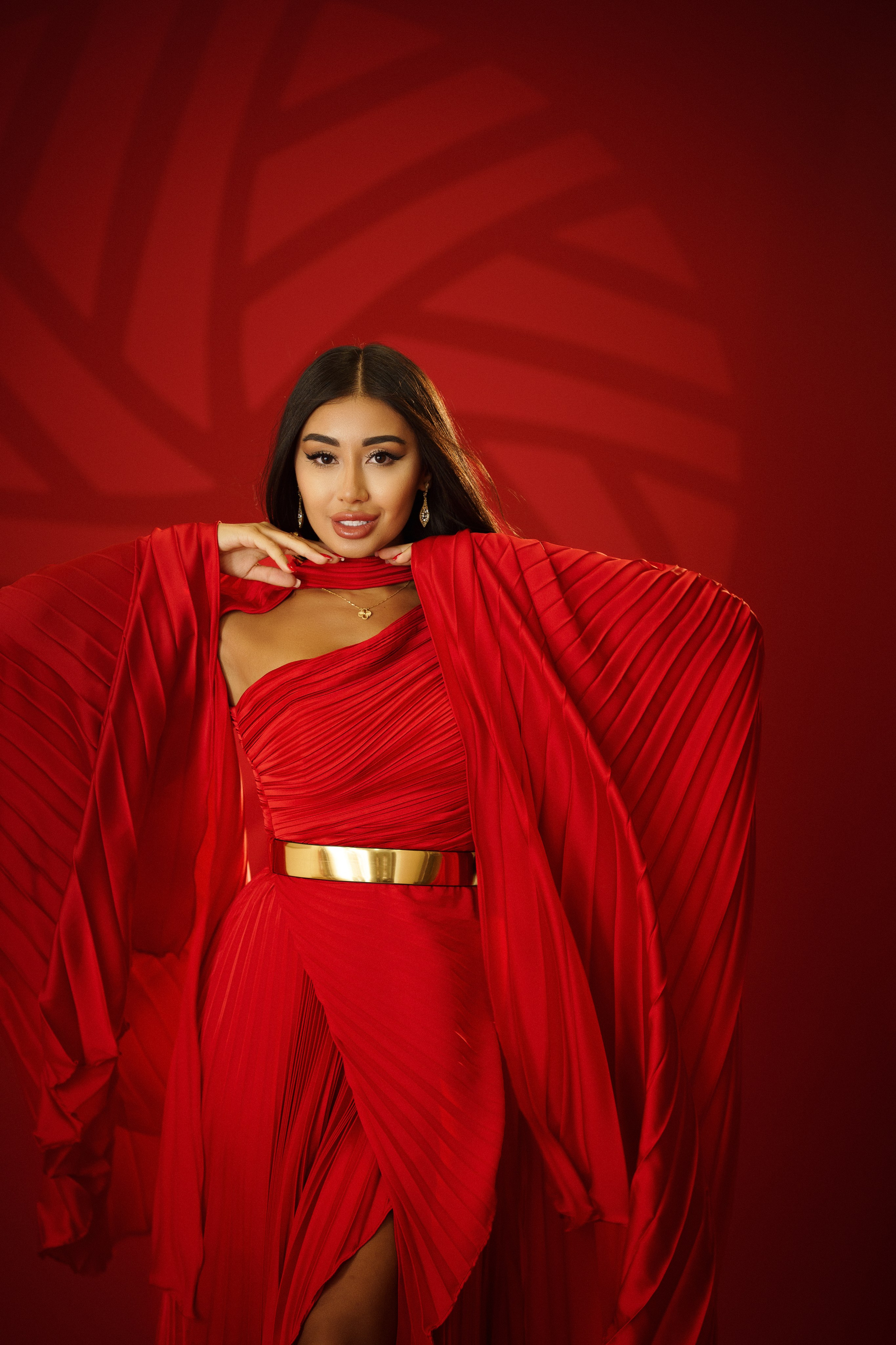 Коммерческая фотосессия в Краснодаре цена — интерьерная студия, модель в красном платье.