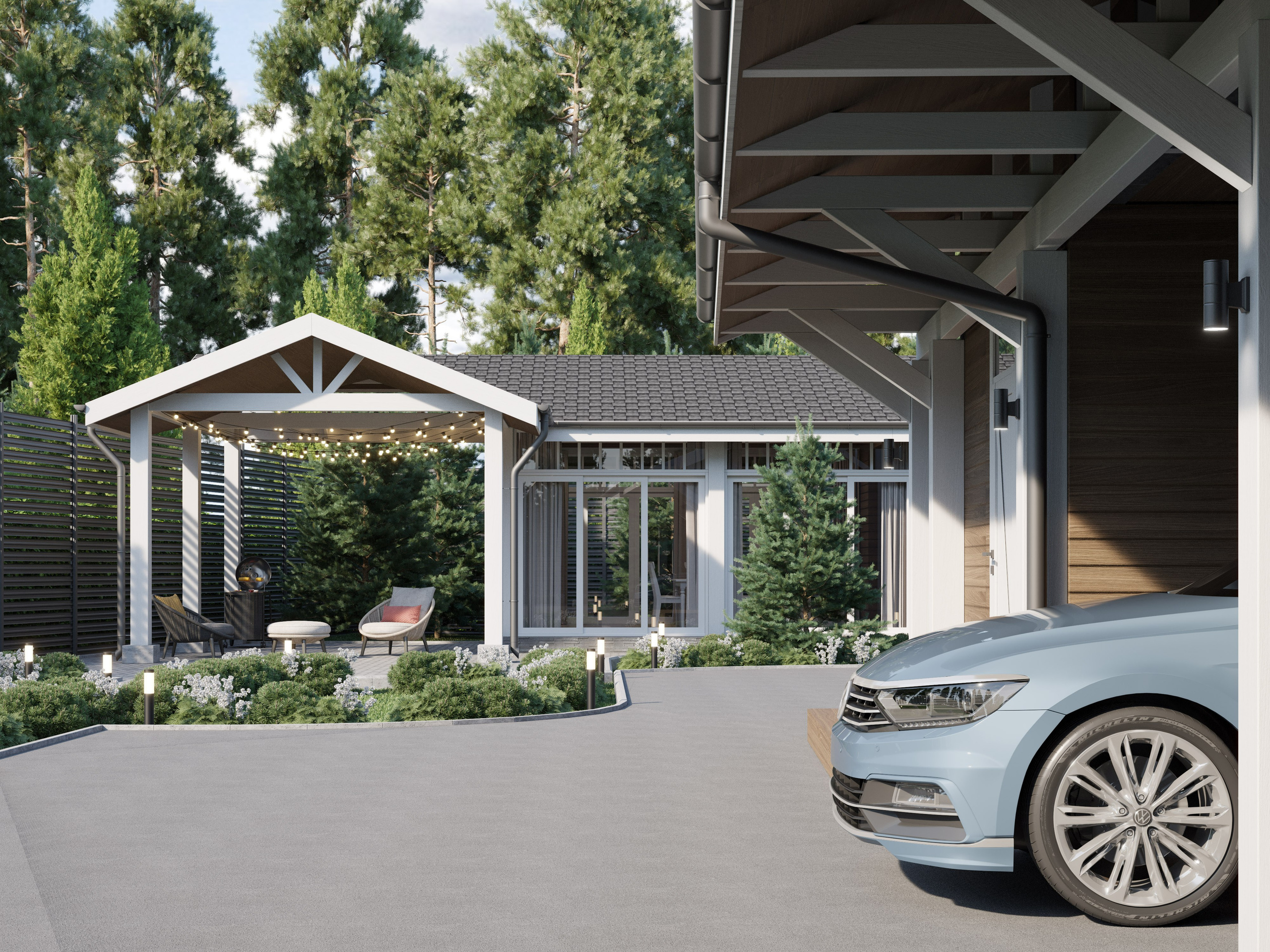 3D визуализация архитектурного ансамбля: летняя кухня, беседка и гараж на одном участке