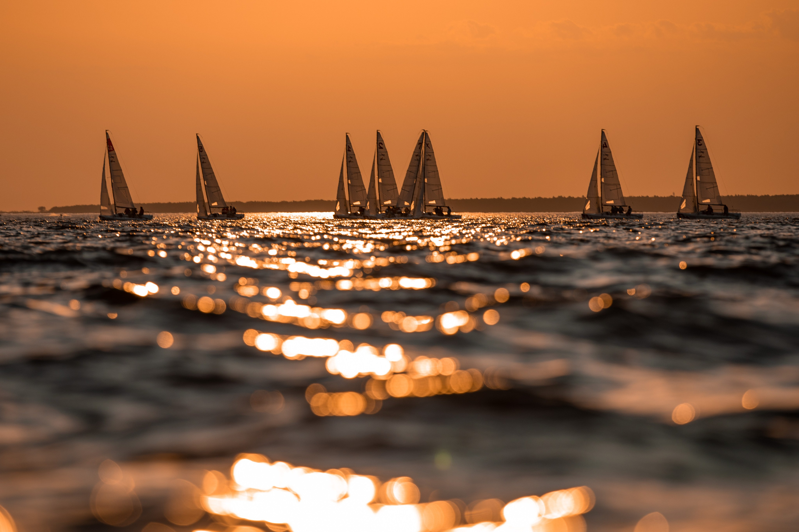 Много яхт на закате. Красивое море.