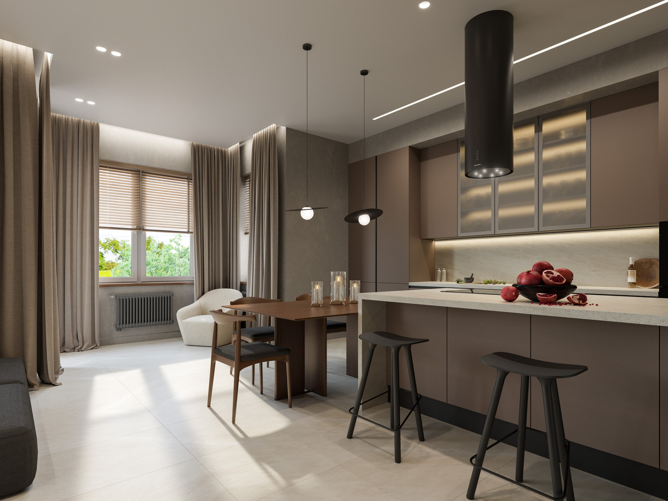 Современный минимализм в интерьере: бежевые стены, деревянная мебель и скрытое освещение