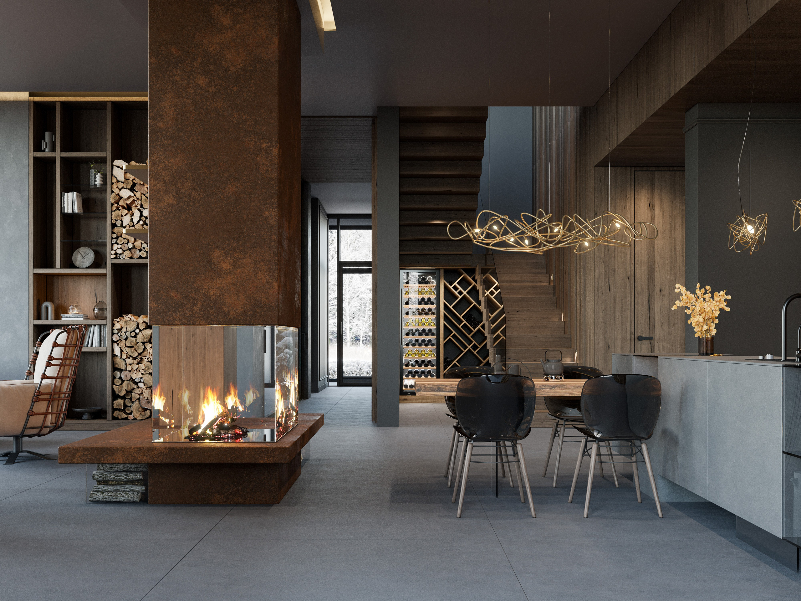 Минималистичная кухня с темной палитрой и деревянным столом