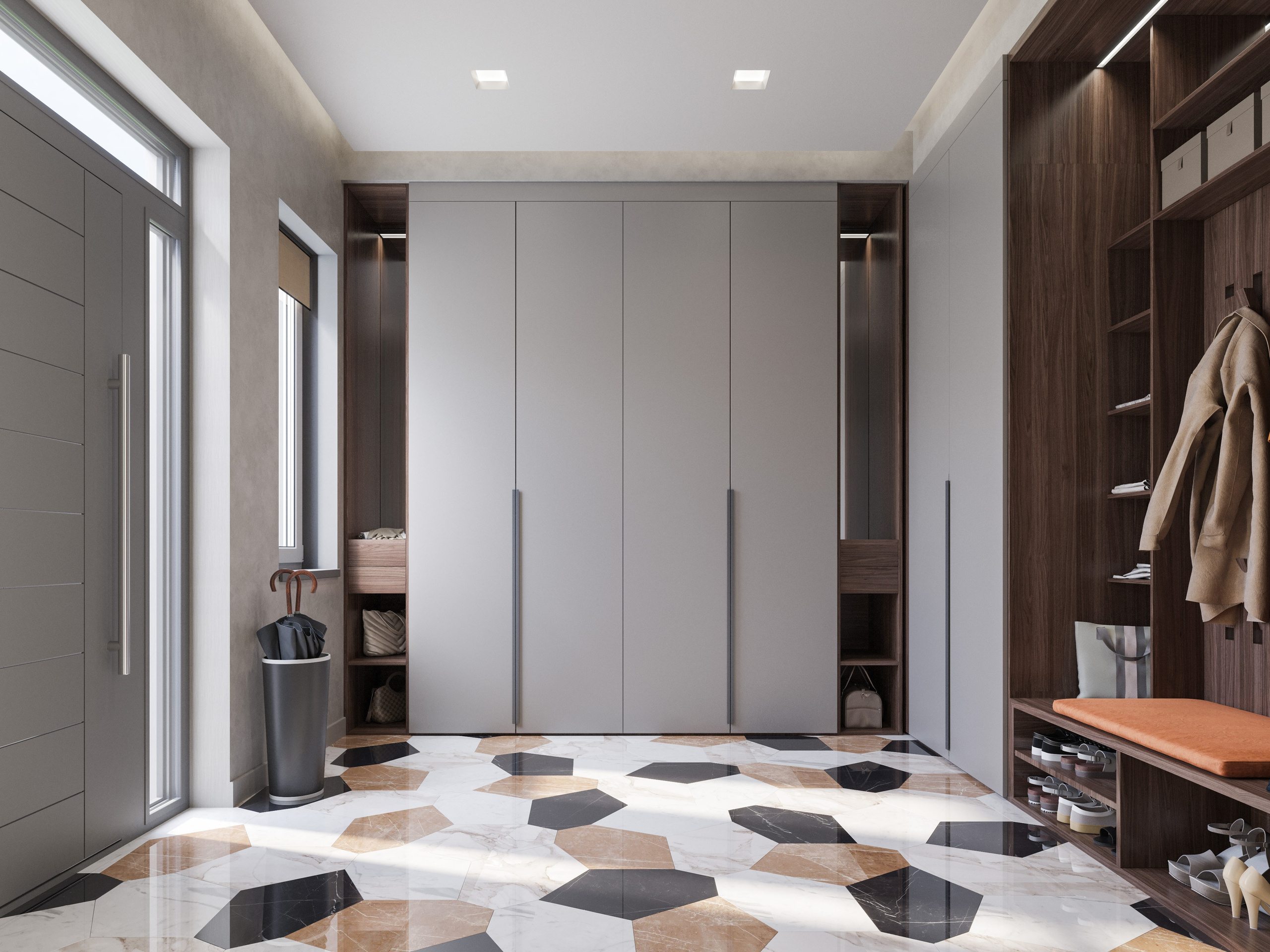 Фотореалистичная визуализация прихожей загородного дома с системами хранения