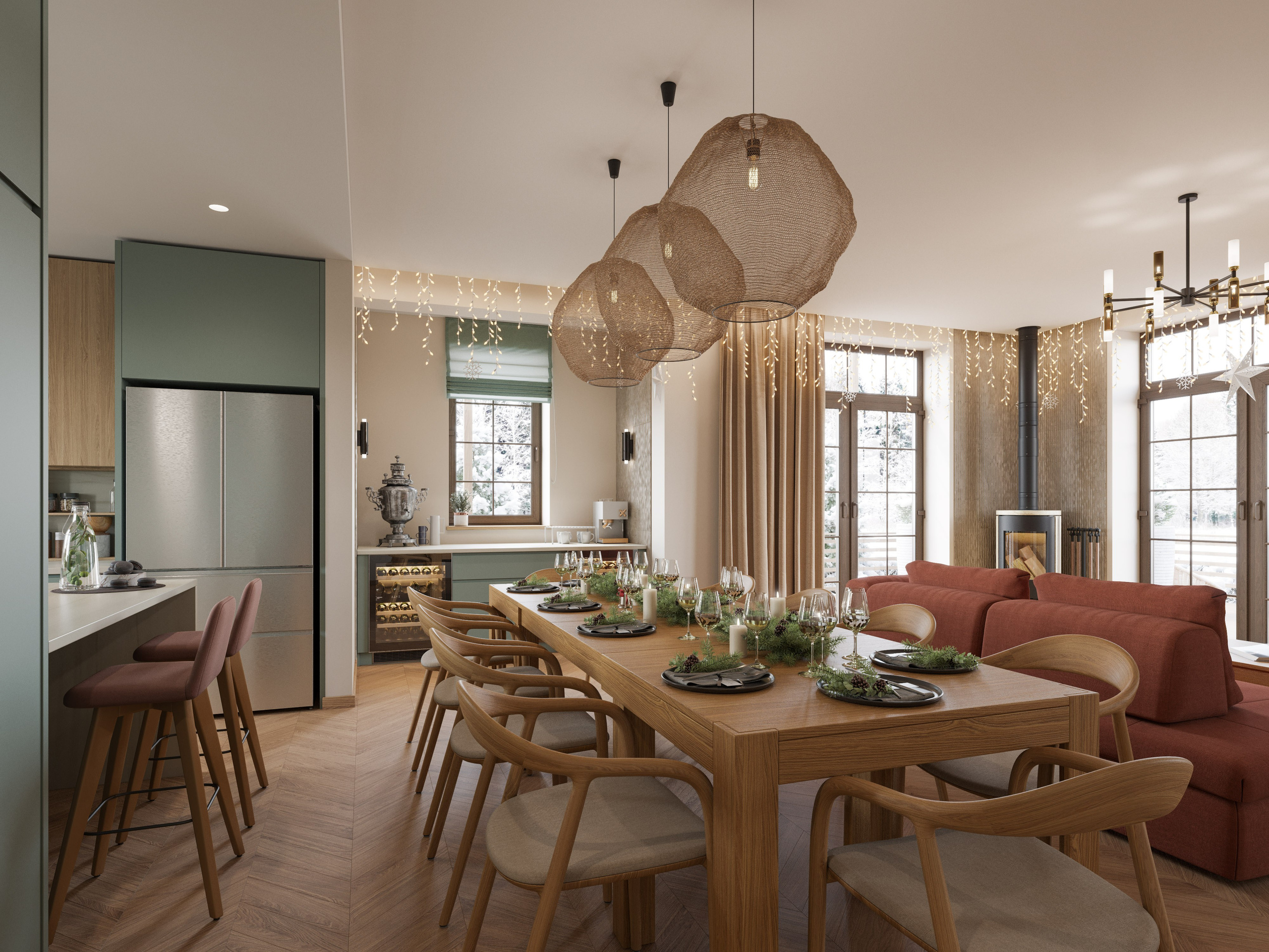 Просторная гостиная-столовая с большими окнами и видом на природу - современный стиль