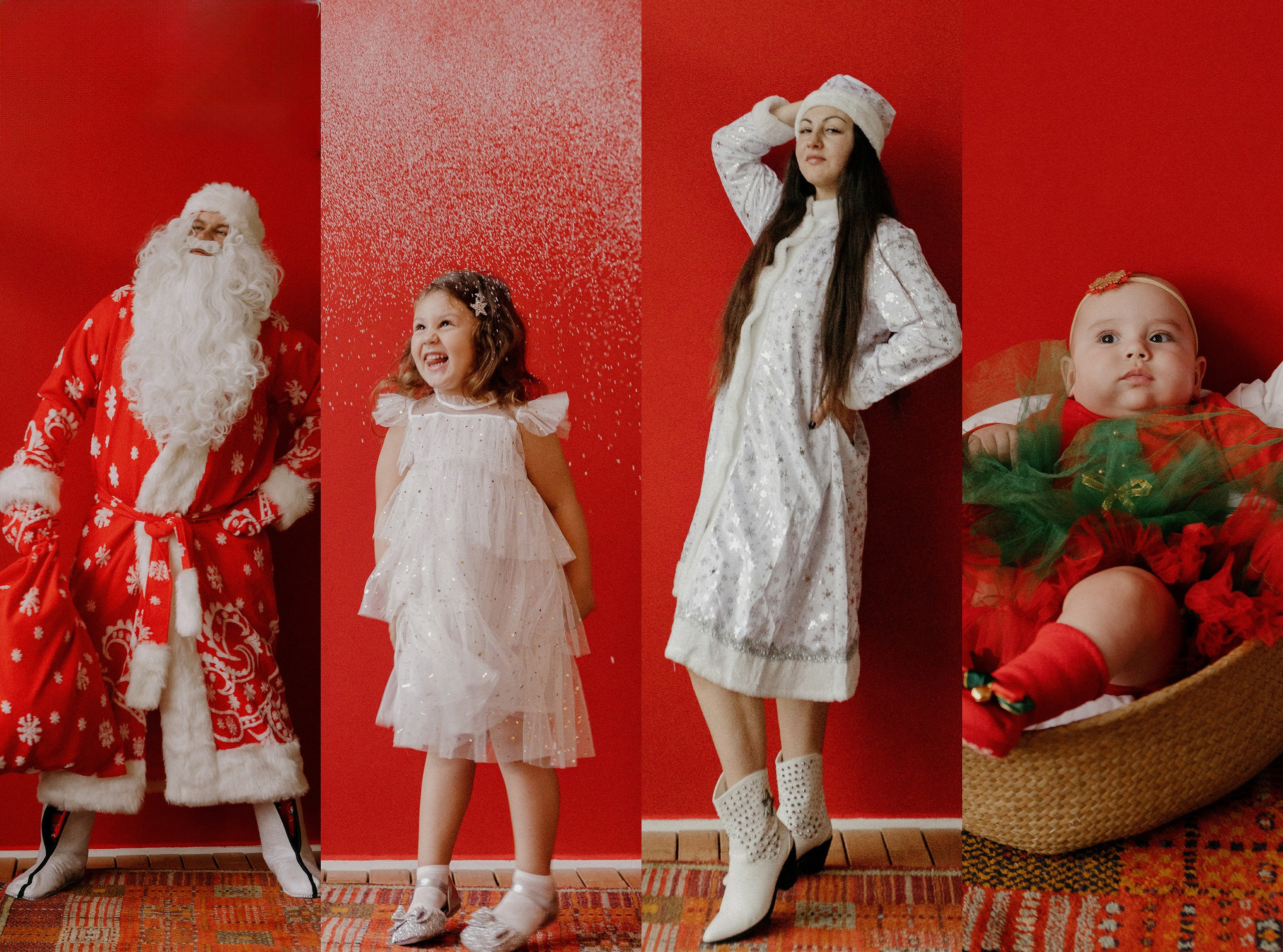 семейная фотосессия на новый год с детьми на красном фоне